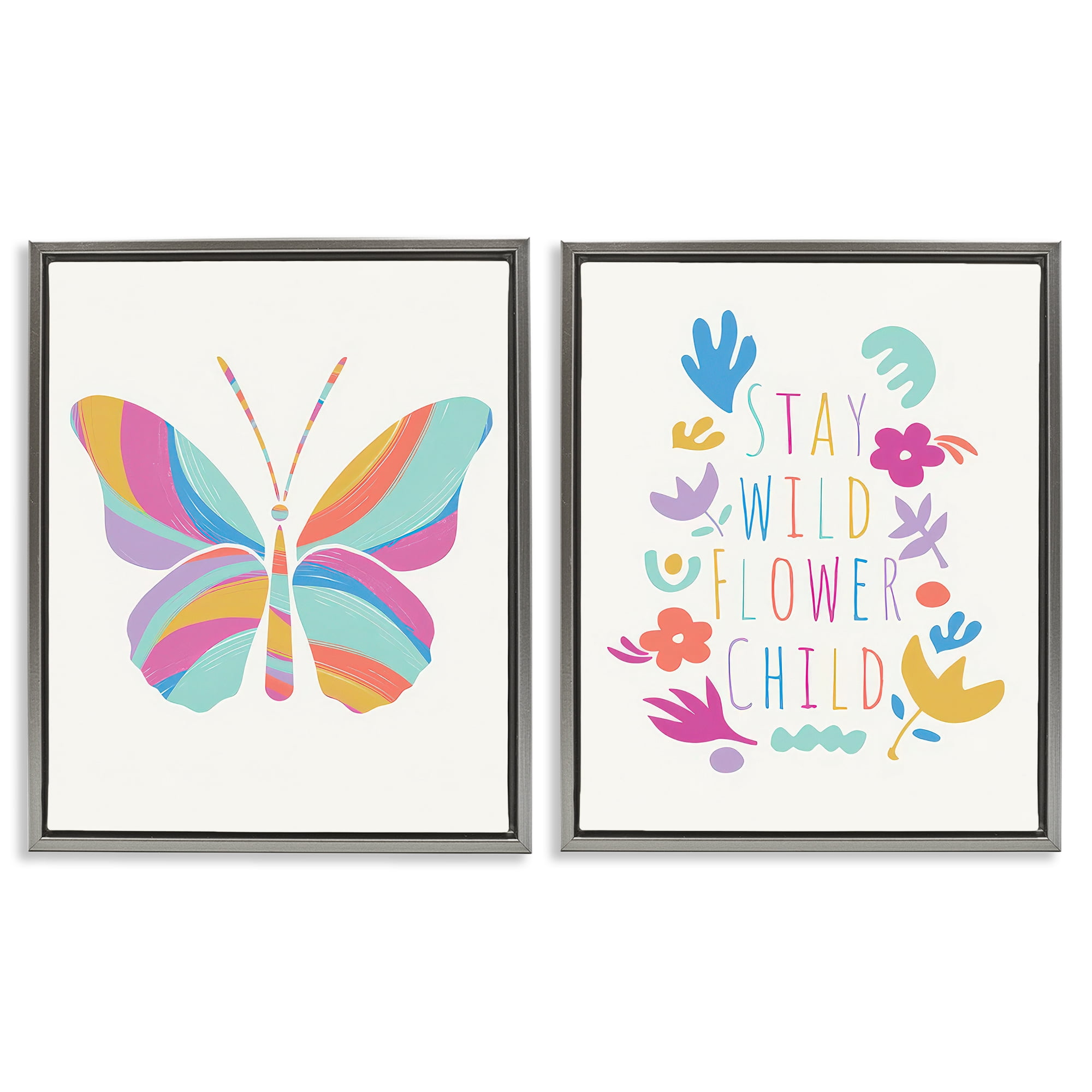 Stupell Industries Stay Wild Butterfly Text & Numbers Painting Gray Floater Framed Canvas Art Print Wall Art, 17 x 21, Set of 2