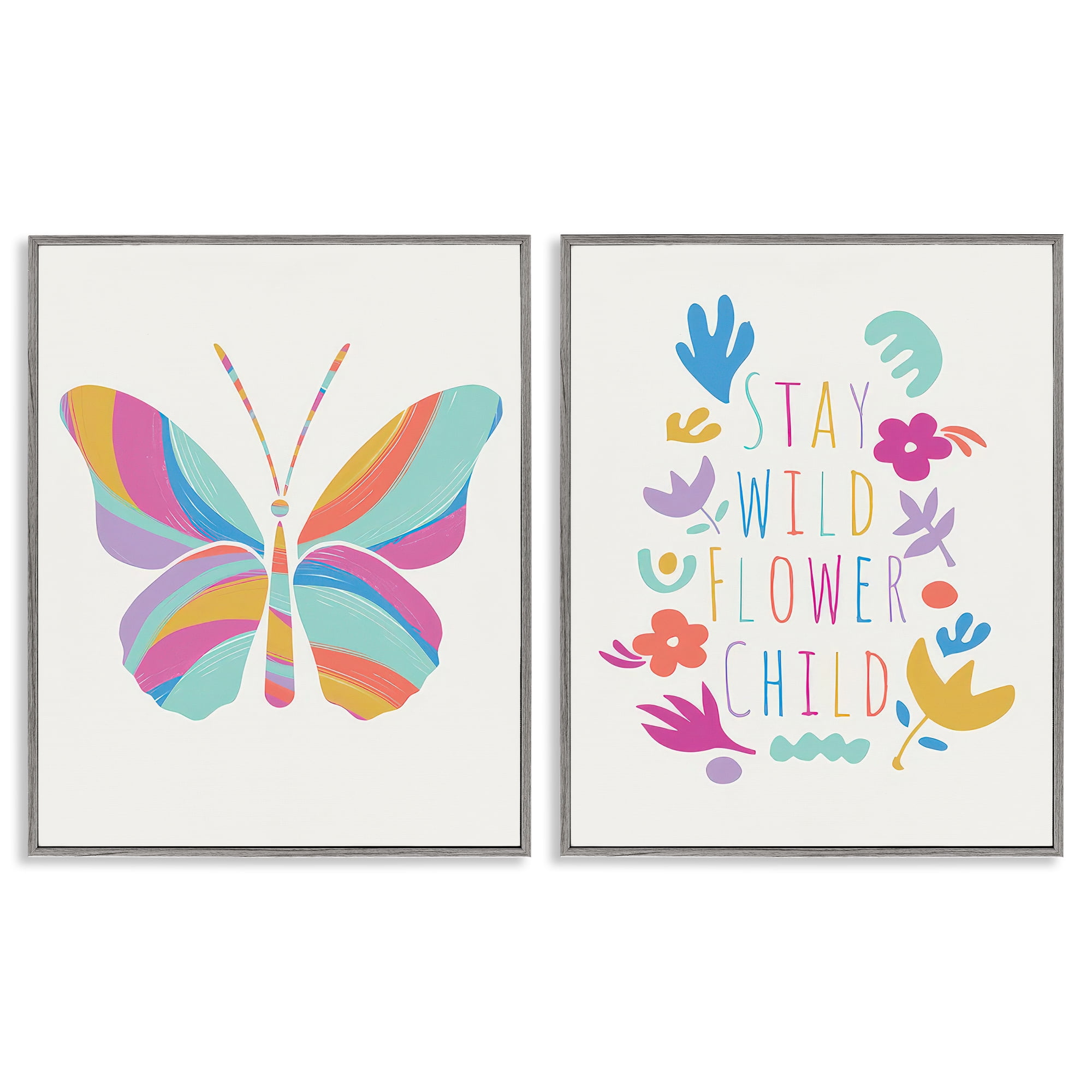 Stupell Industries Stay Wild Butterfly Text & Numbers Painting Gray Framed Art Print Wall Art, 16 x 20, Set of 2