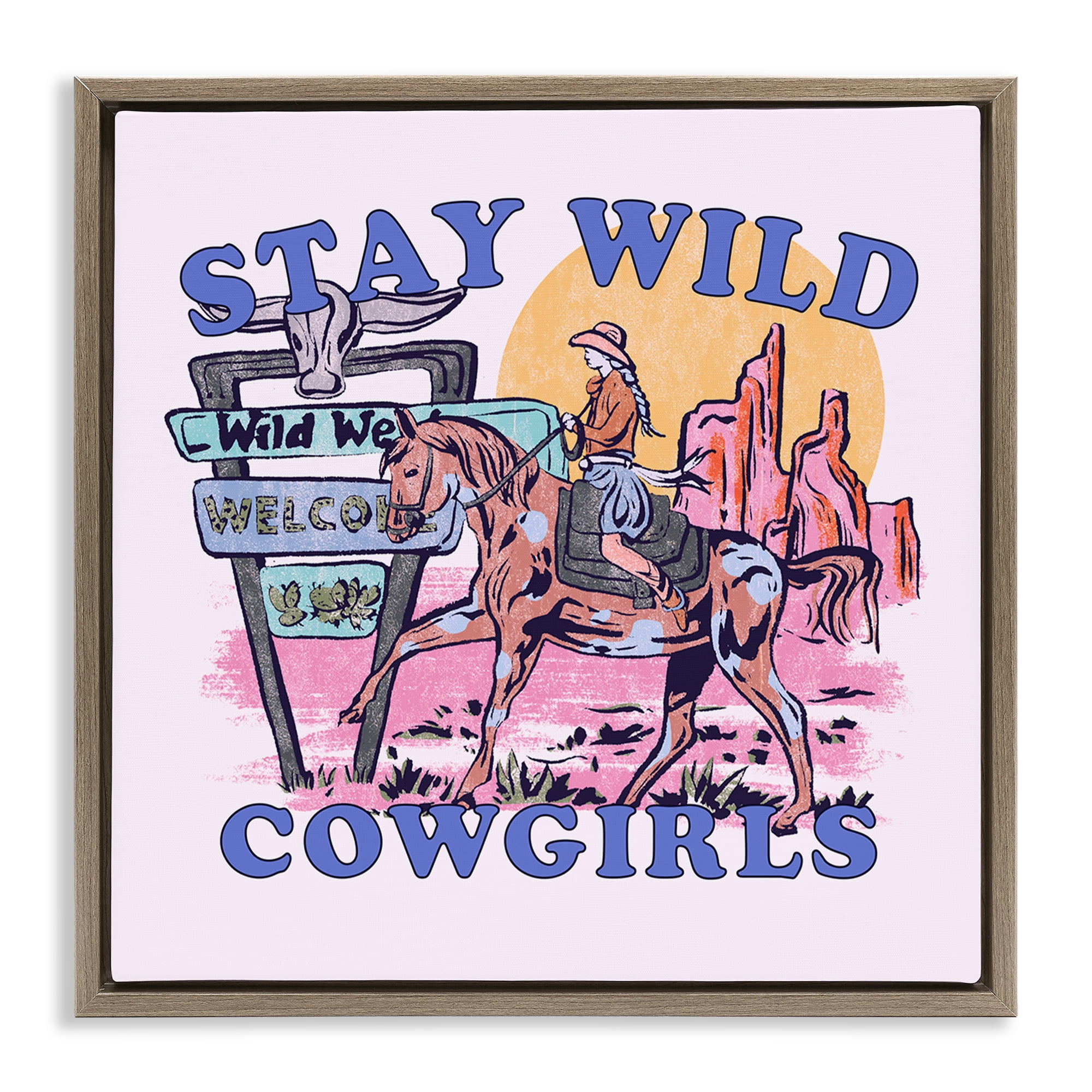 Stupell Industries Stay Wild Cowgirls Entertainment Painting Brown Floater Framed Canvas Art Print Wall Art, 18 x 18