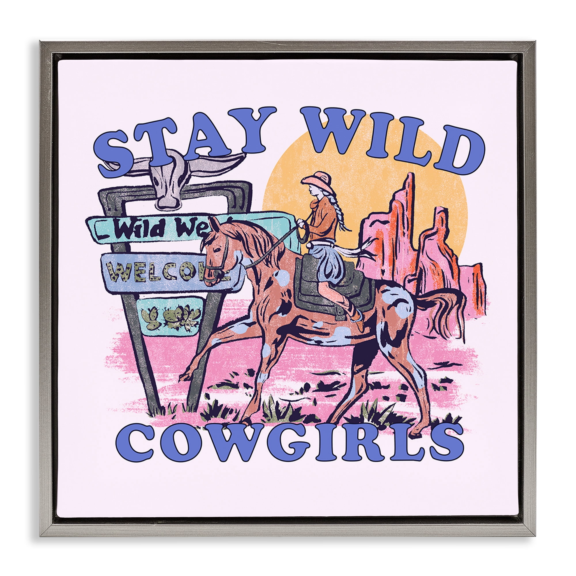 Stupell Industries Stay Wild Cowgirls Entertainment Painting Gray Floater Framed Canvas Art Print Wall Art, 18 x 18