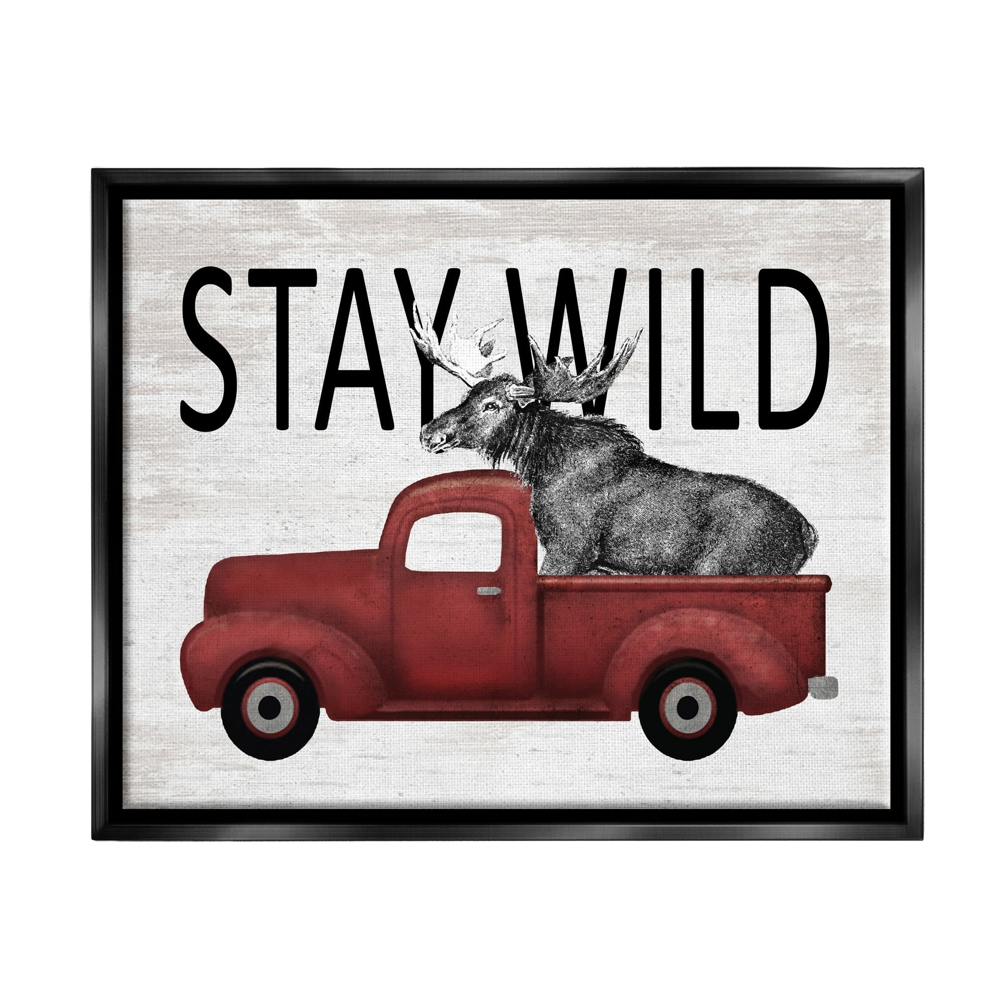 Stupell Industries Stay Wild Moose Antique Red Pickup Truck Graphic Art Jet Black Floating Framed Canvas Print Wall Art, Design by Lettered and Lined
