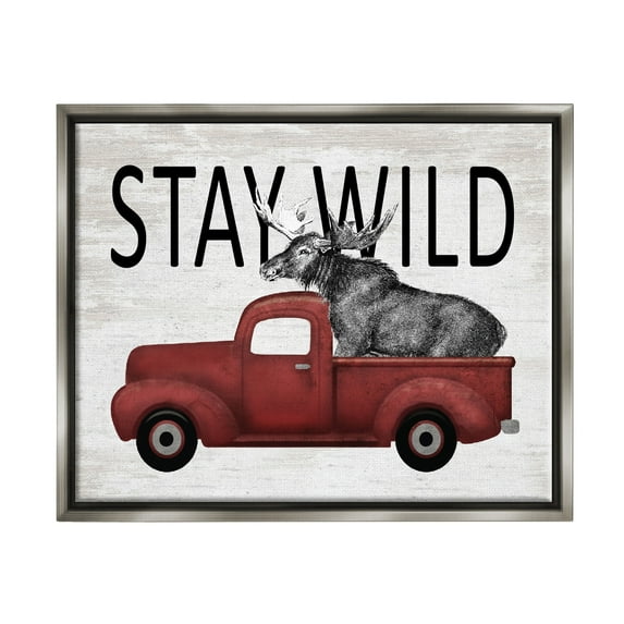 Stupell Industries Stay Wild Moose Antique Red Pickup Truck Graphic Art Luster Gray Floating Framed Canvas Print Wall Art, Design by Lettered and Lined
