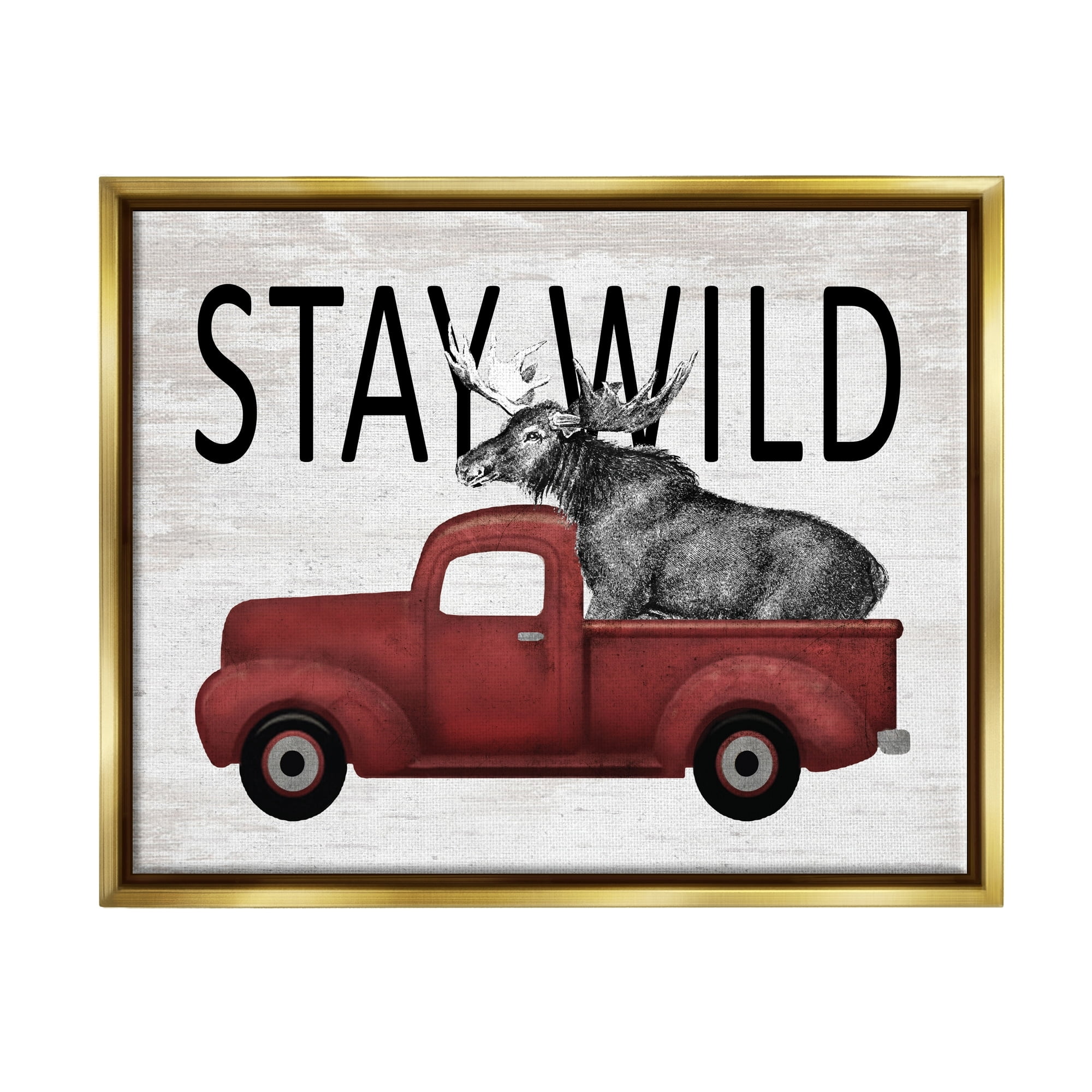 Stupell Industries Stay Wild Moose Antique Red Pickup Truck Graphic Art Metallic Gold Floating Framed Canvas Print Wall Art, Design by Lettered and Lined