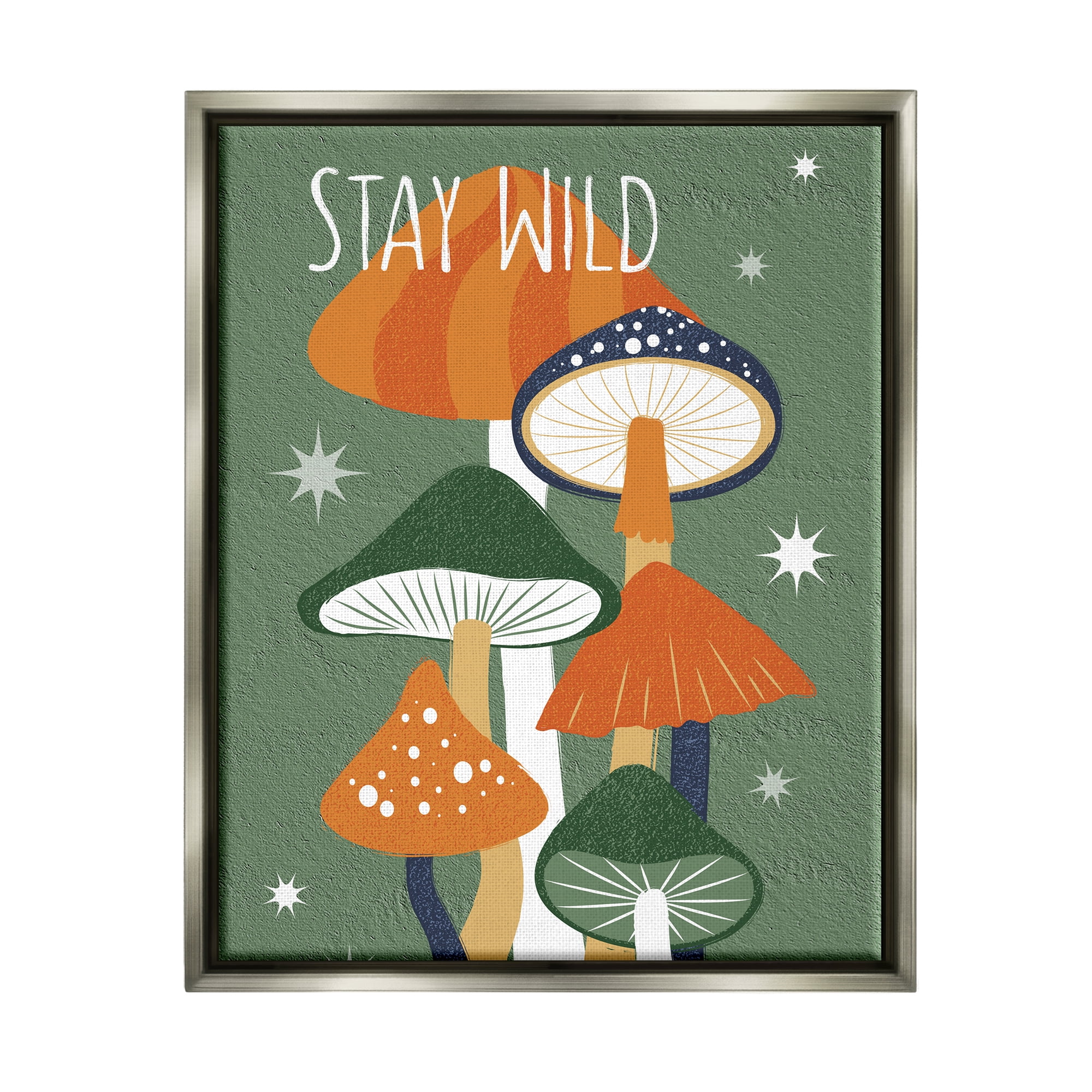 Stupell Industries Stay Wild Mushrooms Pattern Botanical & Floral Painting Gray Floater Framed Canvas Art Print Wall Art, 17 x 21
