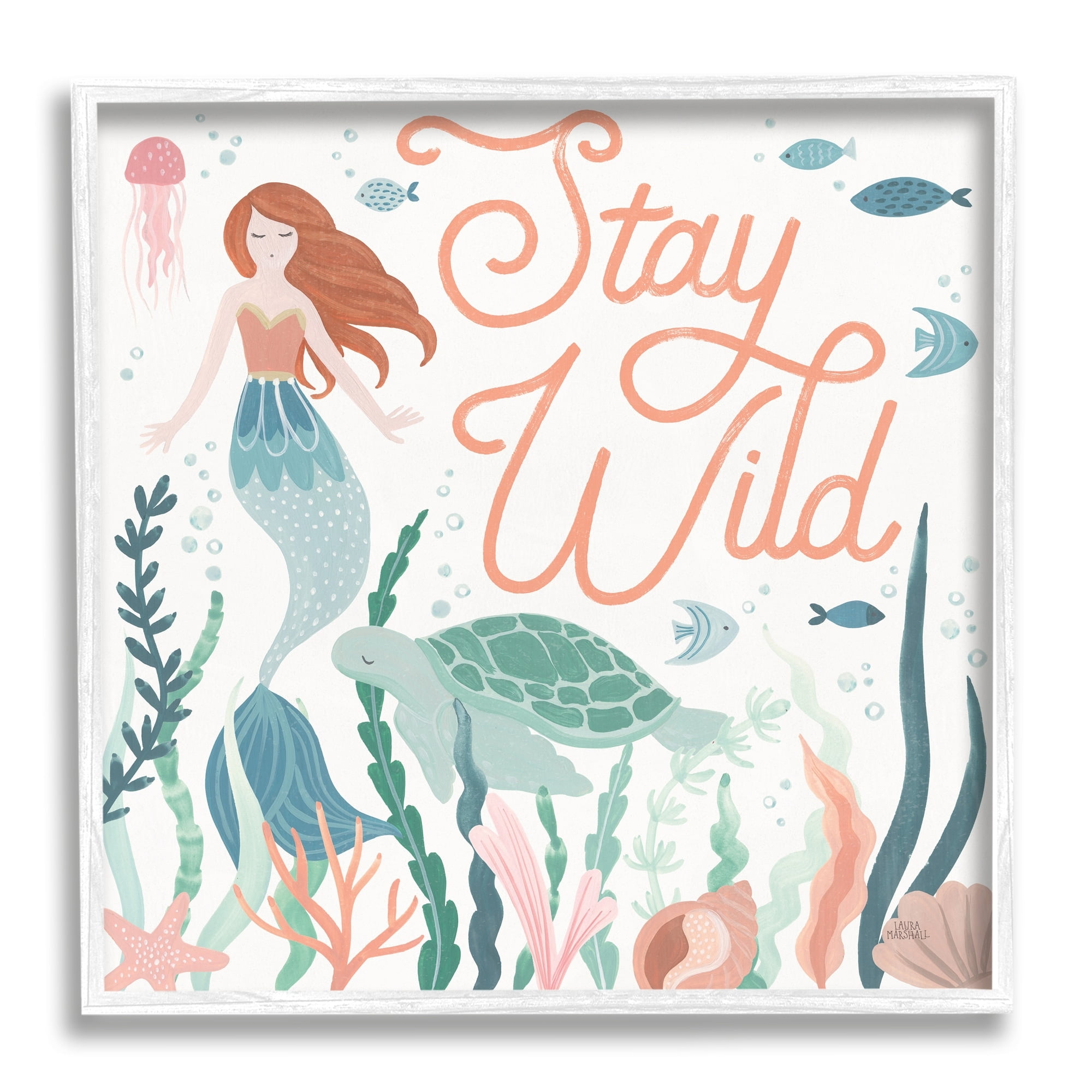 Stupell Industries Stay Wild Phrase Children's Seafloor Mermaid Tortoise Graphic Art White Framed Art Print Wall Art, 17x17, by Laura Marshall