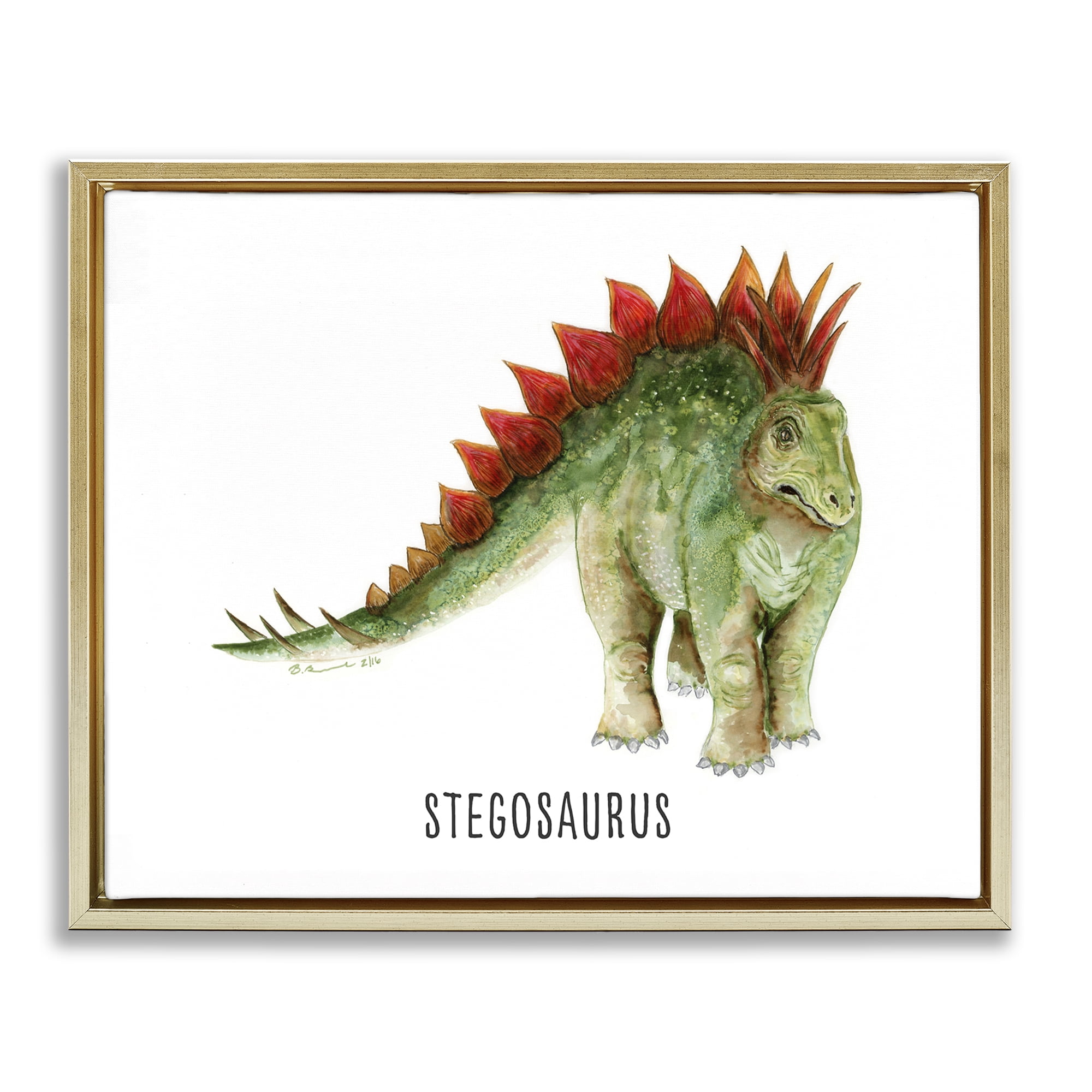 Stupell Industries Stegosaurus Dinosaur Learning Animals Painting Gold Floater Framed Canvas Art Print Wall Art, 21 x 17