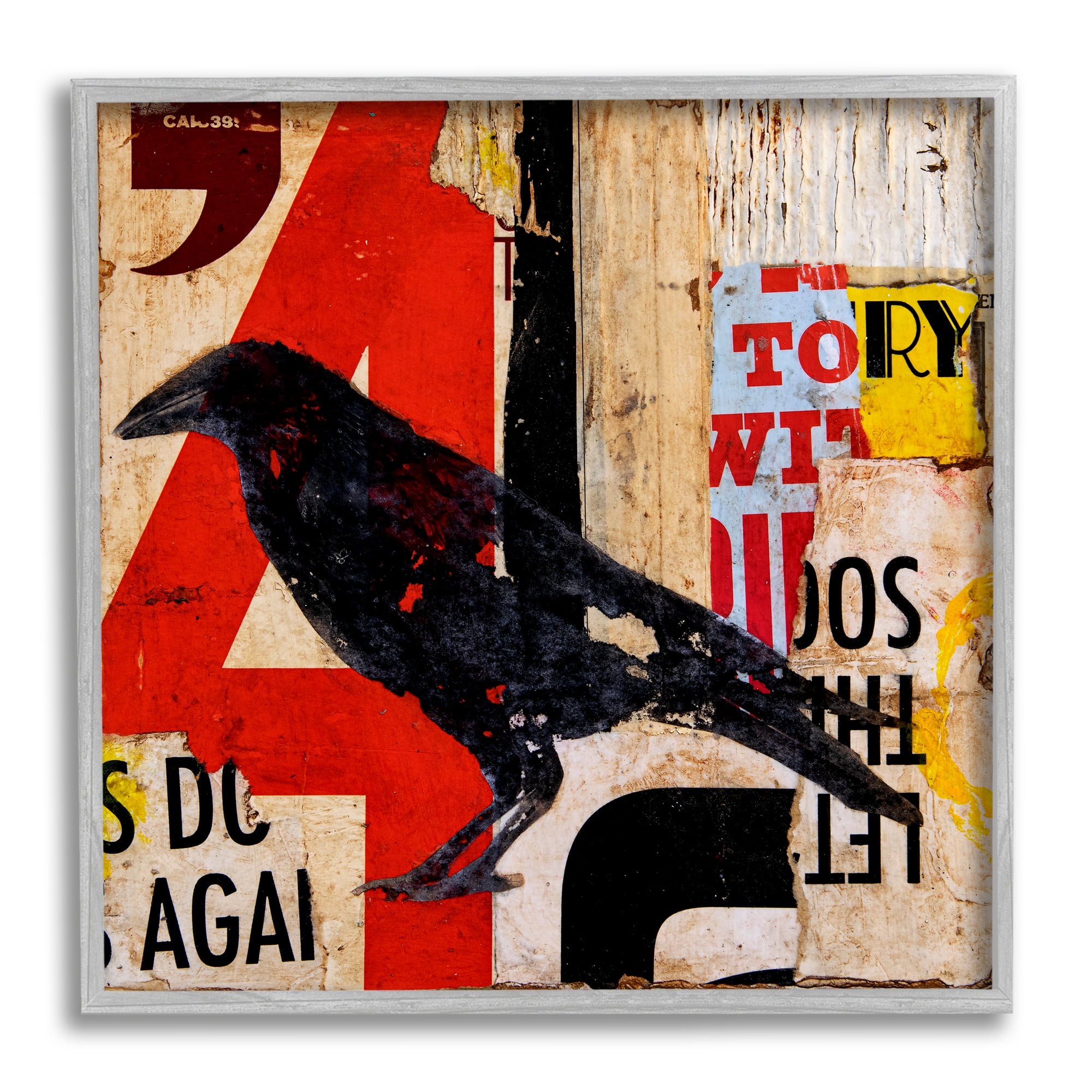 Stupell Industries Stenciled Street Style Black Bird Layered Abstract Words Painting Gray Framed Art Print Wall Art, Design by Erin Ashley