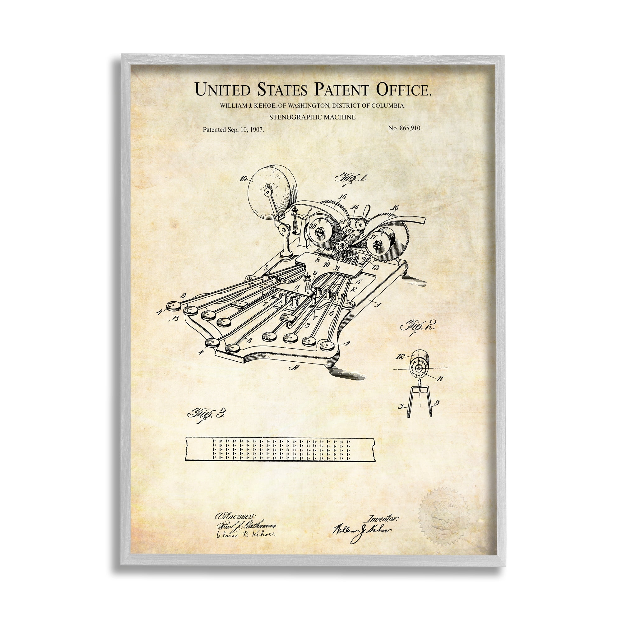 Stupell Industries Stenograph Machine Blueprint Diagram Detailed Patent Text Framed Wall Art, 16 x 20, Design by Karl Hronek