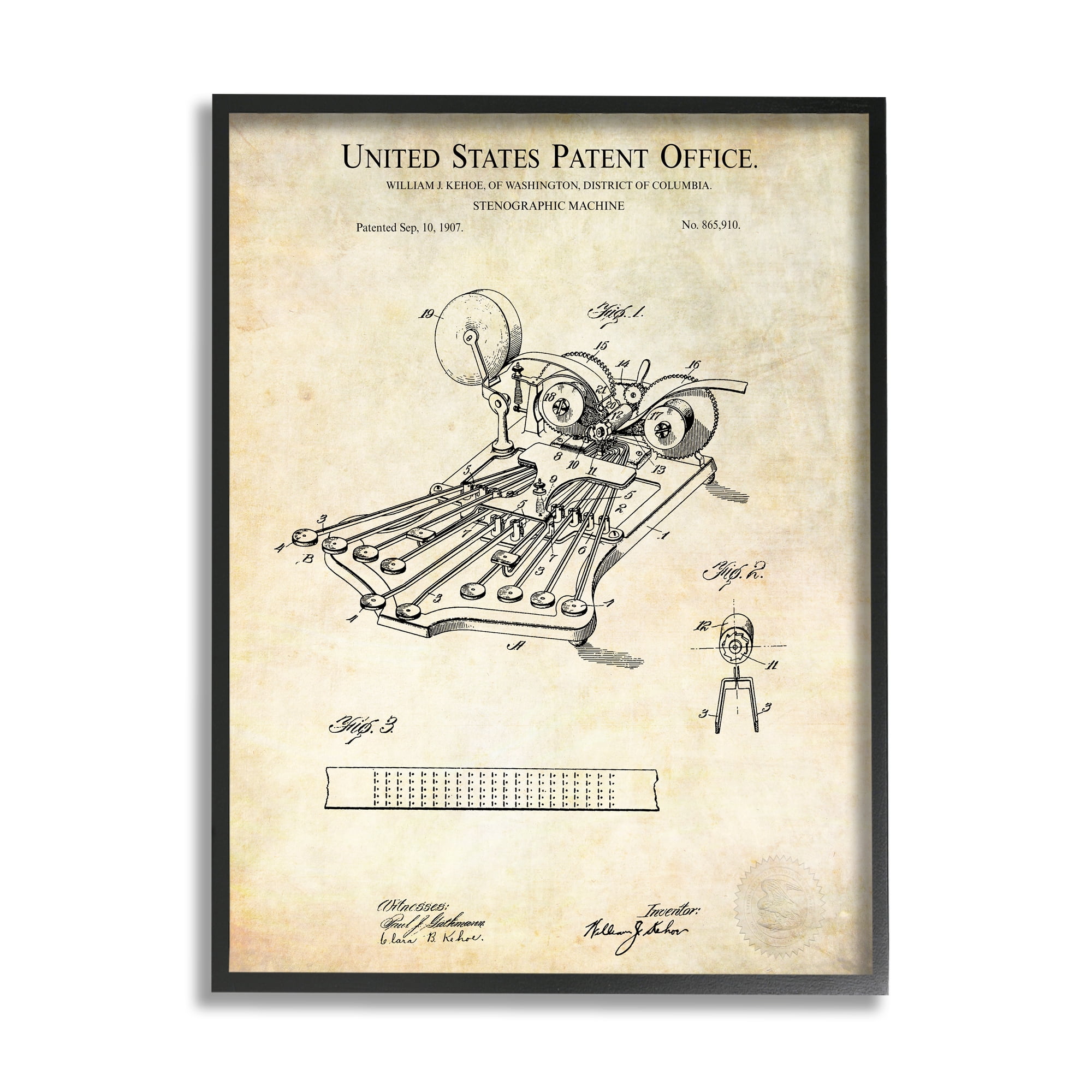 Stupell Industries Stenograph Machine Blueprint Diagram Detailed Patent Text Framed Wall Art, 16 x 20, Design by Karl Hronek