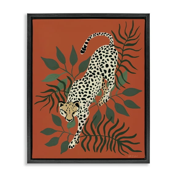 Stupell Industries Stepping Cheetah & Leaves Animals & Insects Painting Black Floater Framed Canvas Art Print Wall Art, 17 x 21