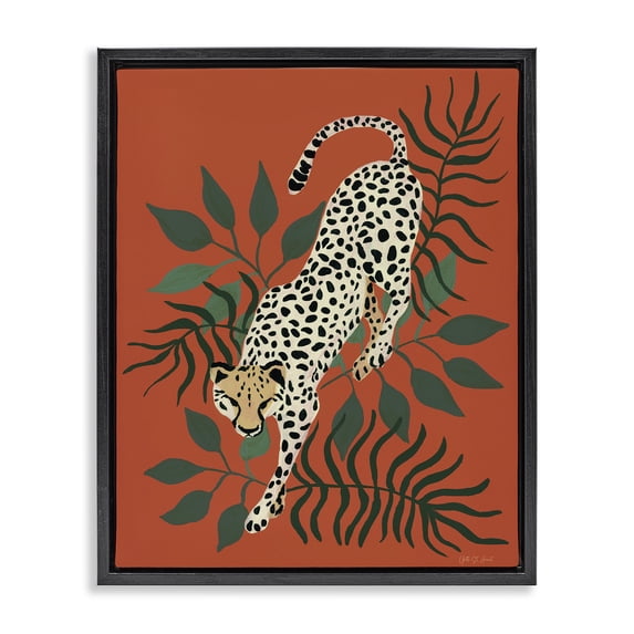Stupell Industries Stepping Cheetah & Leaves Animals & Insects Painting Black Floater Framed Canvas Art Print Wall Art, 25 x 31