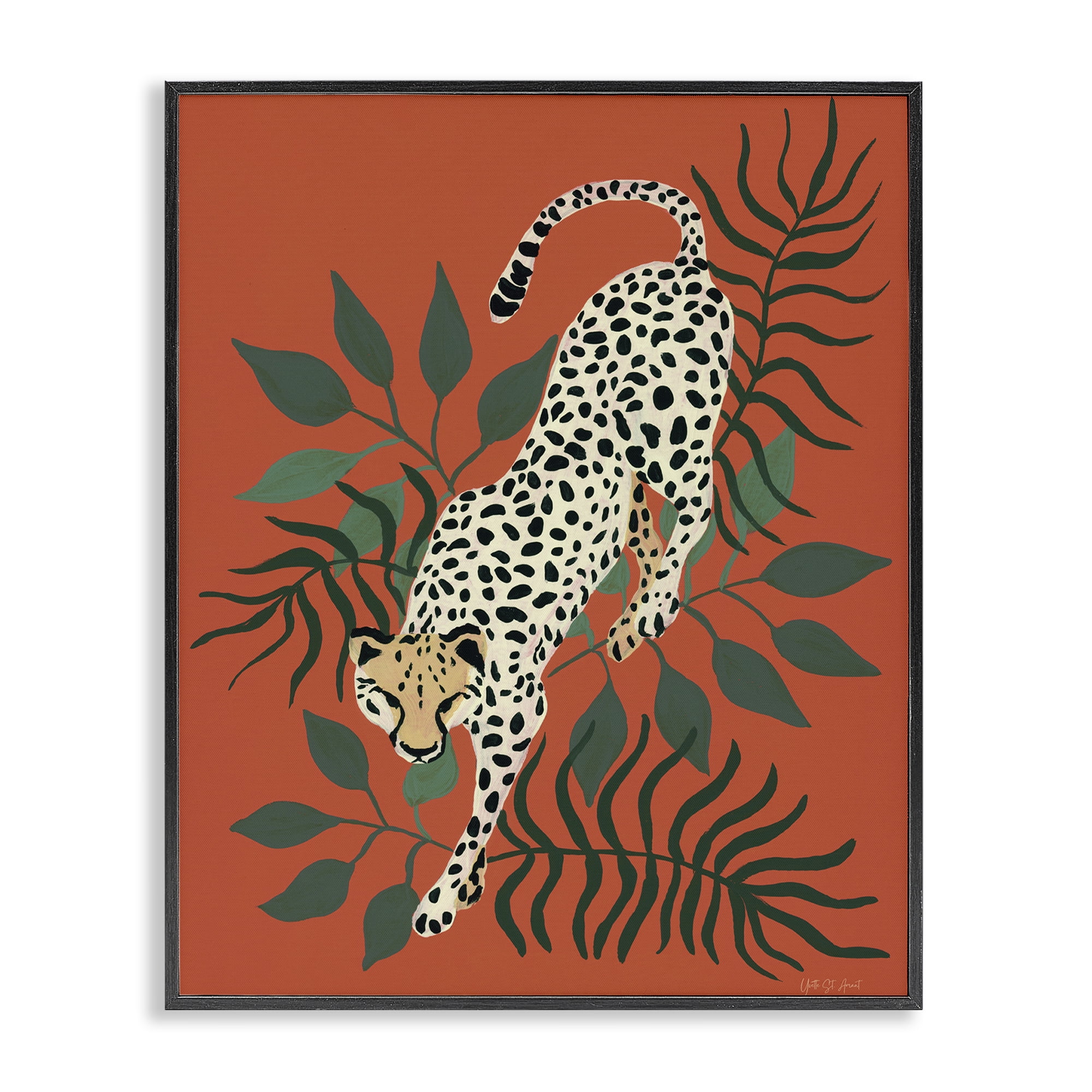 Stupell Industries Stepping Cheetah & Leaves Animals & Insects Painting Black Framed Art Print Wall Art, 16 x 20