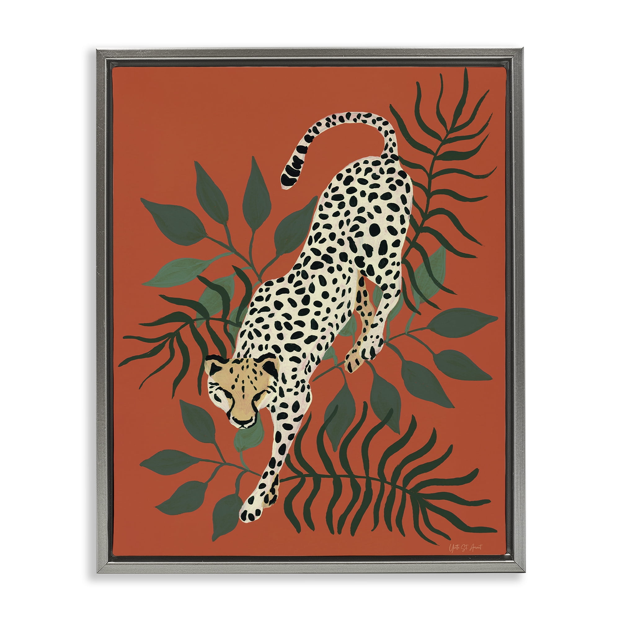 Stupell Industries Stepping Cheetah & Leaves Animals & Insects Painting Gray Floater Framed Canvas Art Print Wall Art, 17 x 21