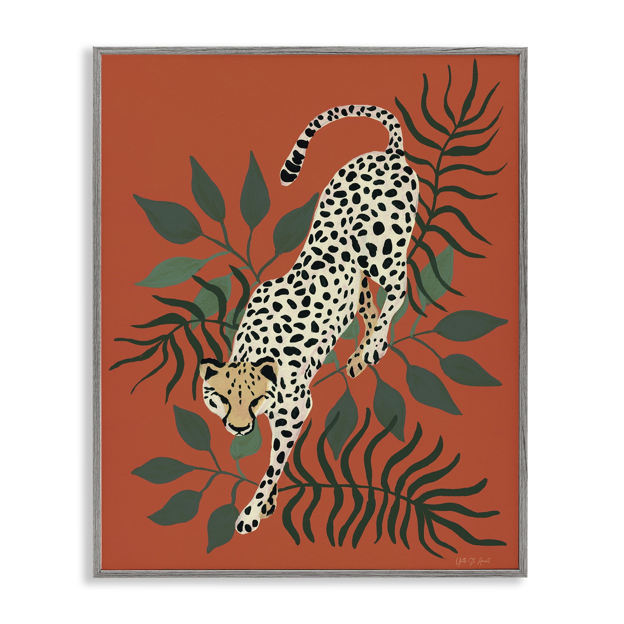 Stupell Industries Stepping Cheetah & Leaves Animals & Insects Painting Gray Framed Art Print Wall Art, 24 x 30