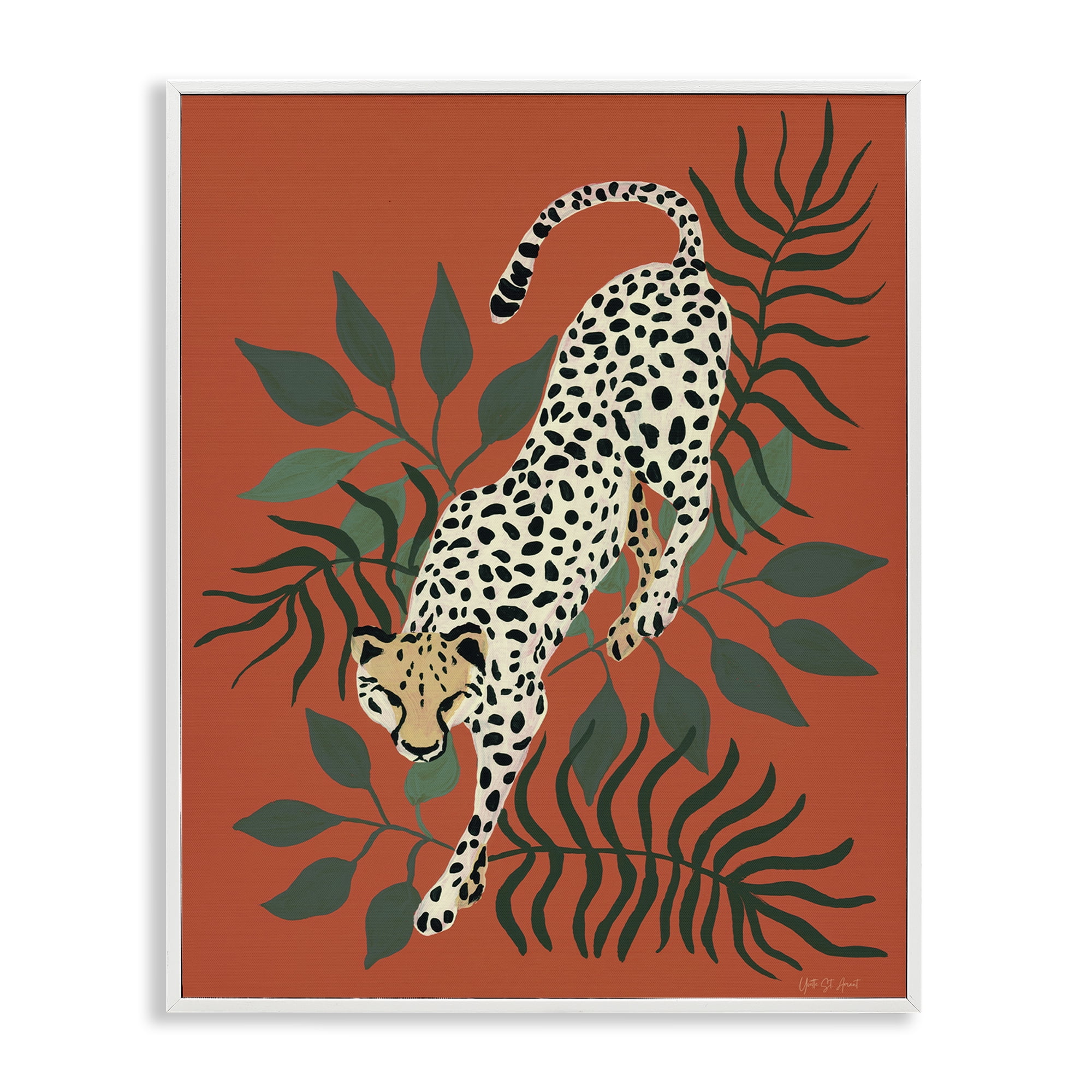 Stupell Industries Stepping Cheetah & Leaves Animals & Insects Painting White Framed Art Print Wall Art, 11 x 14