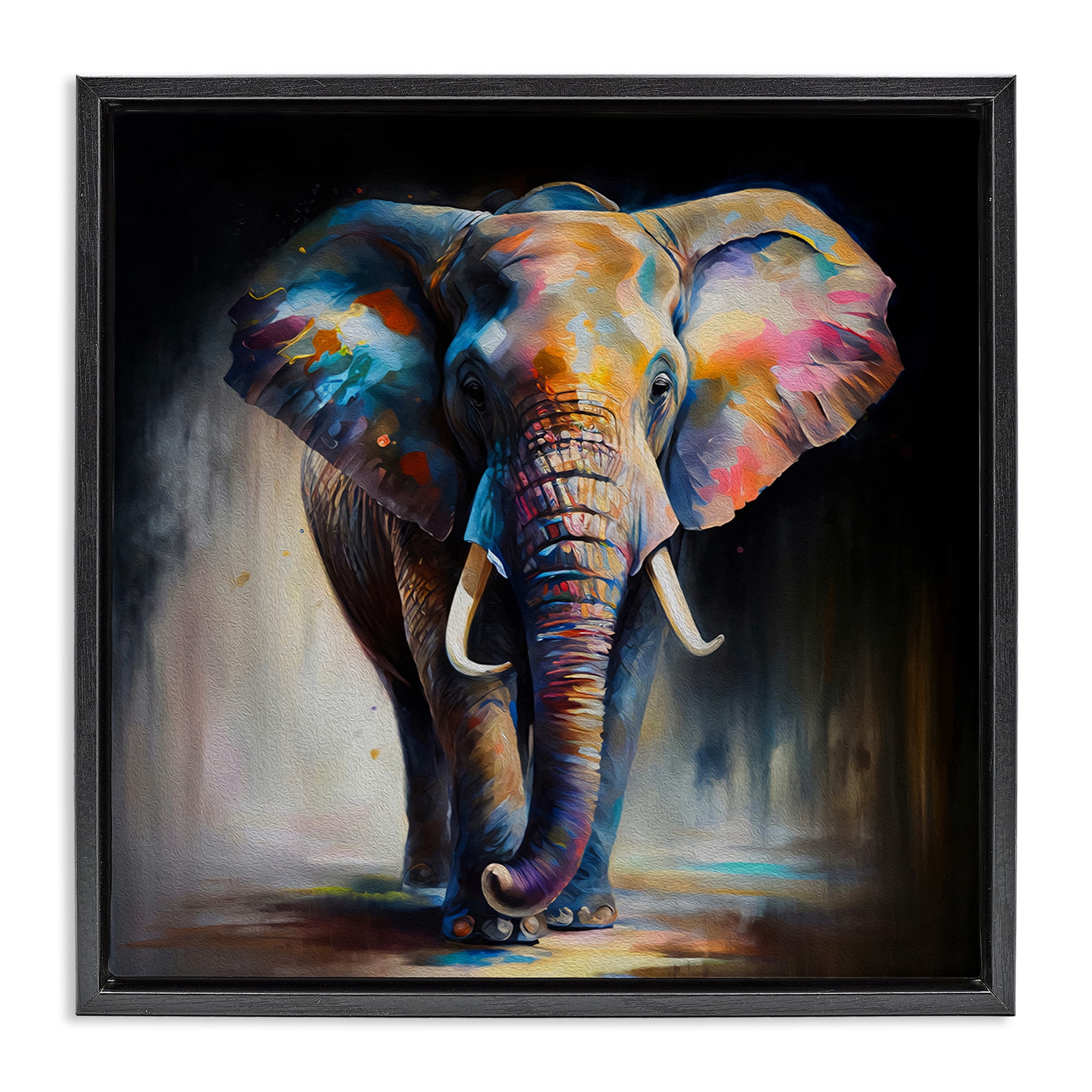 Stupell Industries Stepping Elephant in Shadow Animals & Insects Painting Black Floater Framed Canvas Art Print Wall Art, 18 x 18