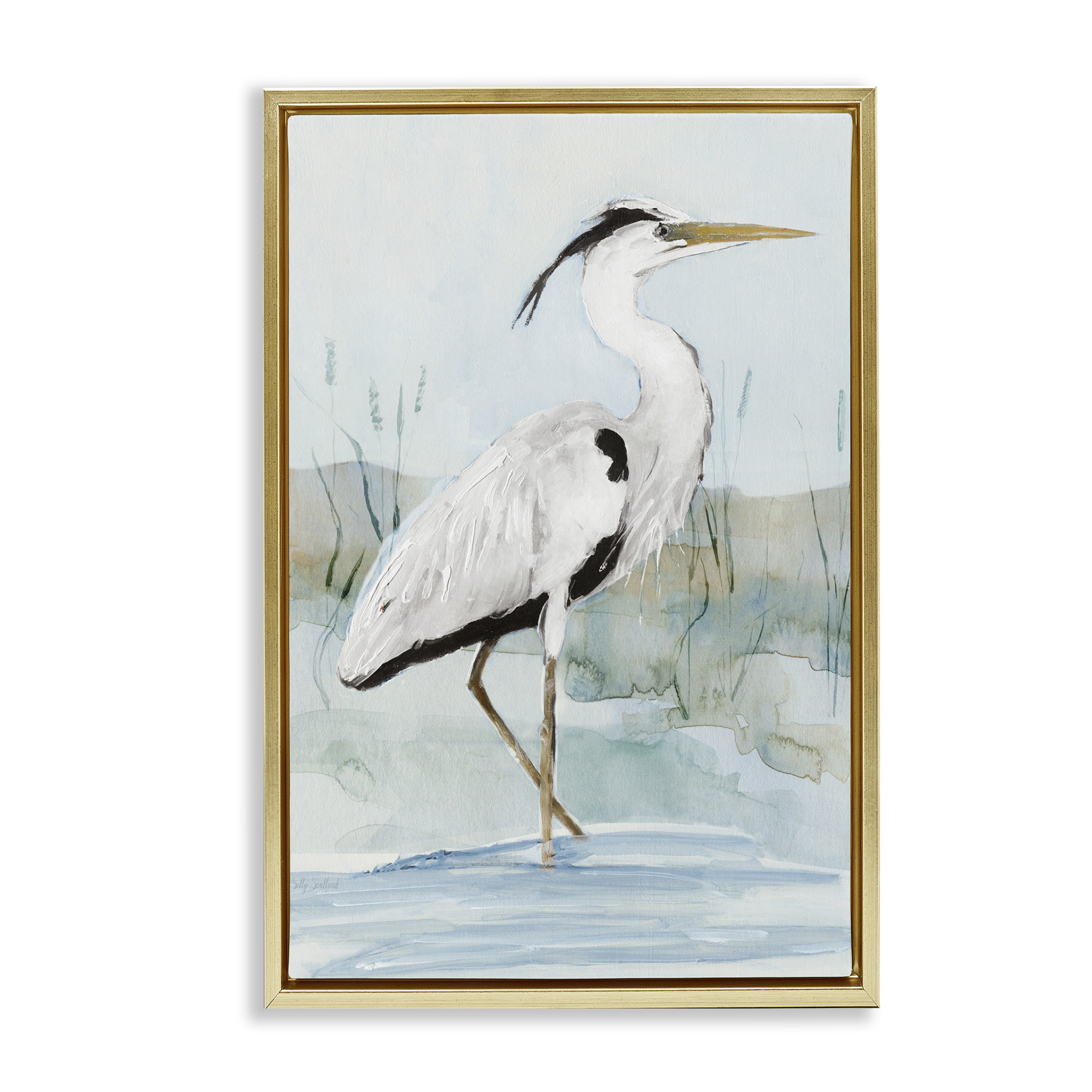 Stupell Industries Stepping White Egret Animals Painting Gold Floater Framed Canvas Art Print Wall Art, 21 x 31