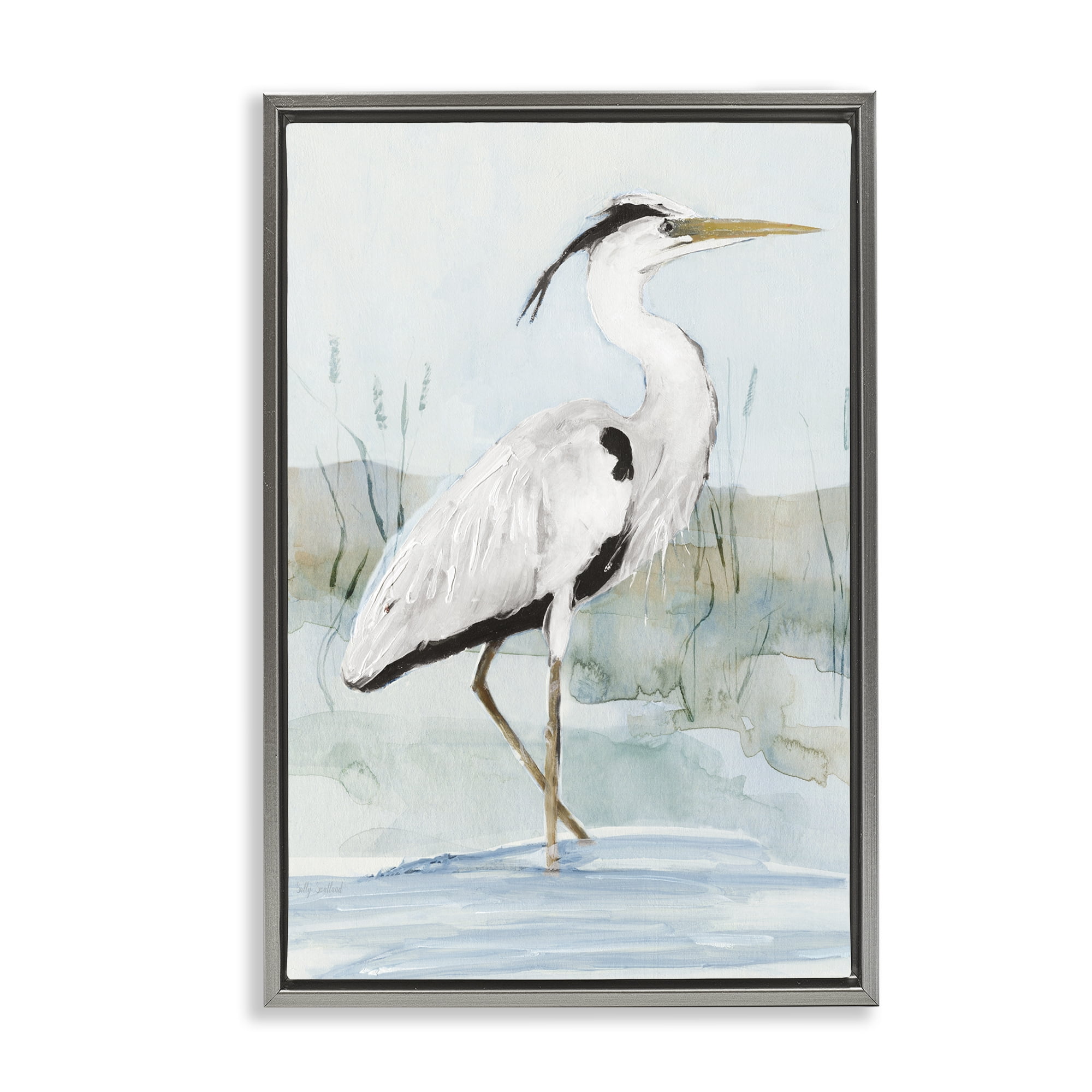 Stupell Industries Stepping White Egret Animals Painting Gray Floater Framed Canvas Art Print Wall Art, 17 x 25