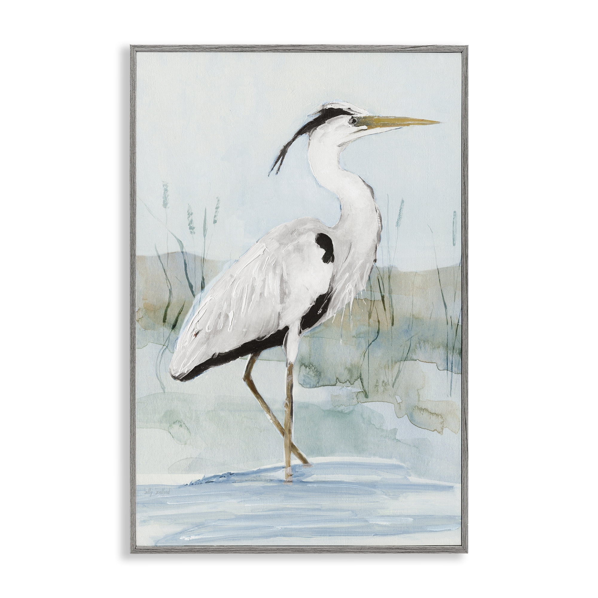Stupell Industries Stepping White Egret Animals Painting Gray Framed Art Print Wall Art, 12 x 18