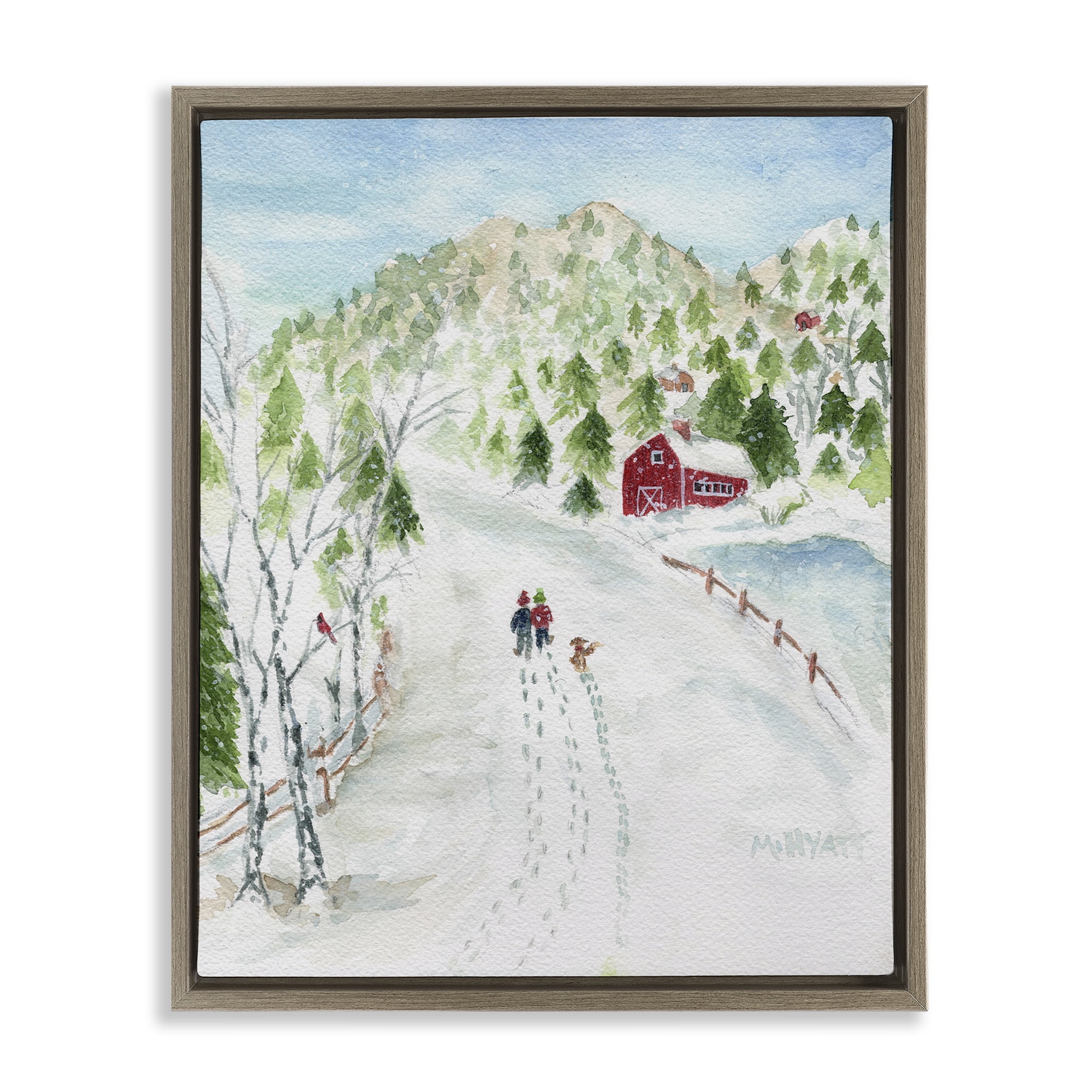 Stupell Industries Steps in Country Snow Holiday Painting Brown Floater Framed Art Print Wall Art, 25 x 31