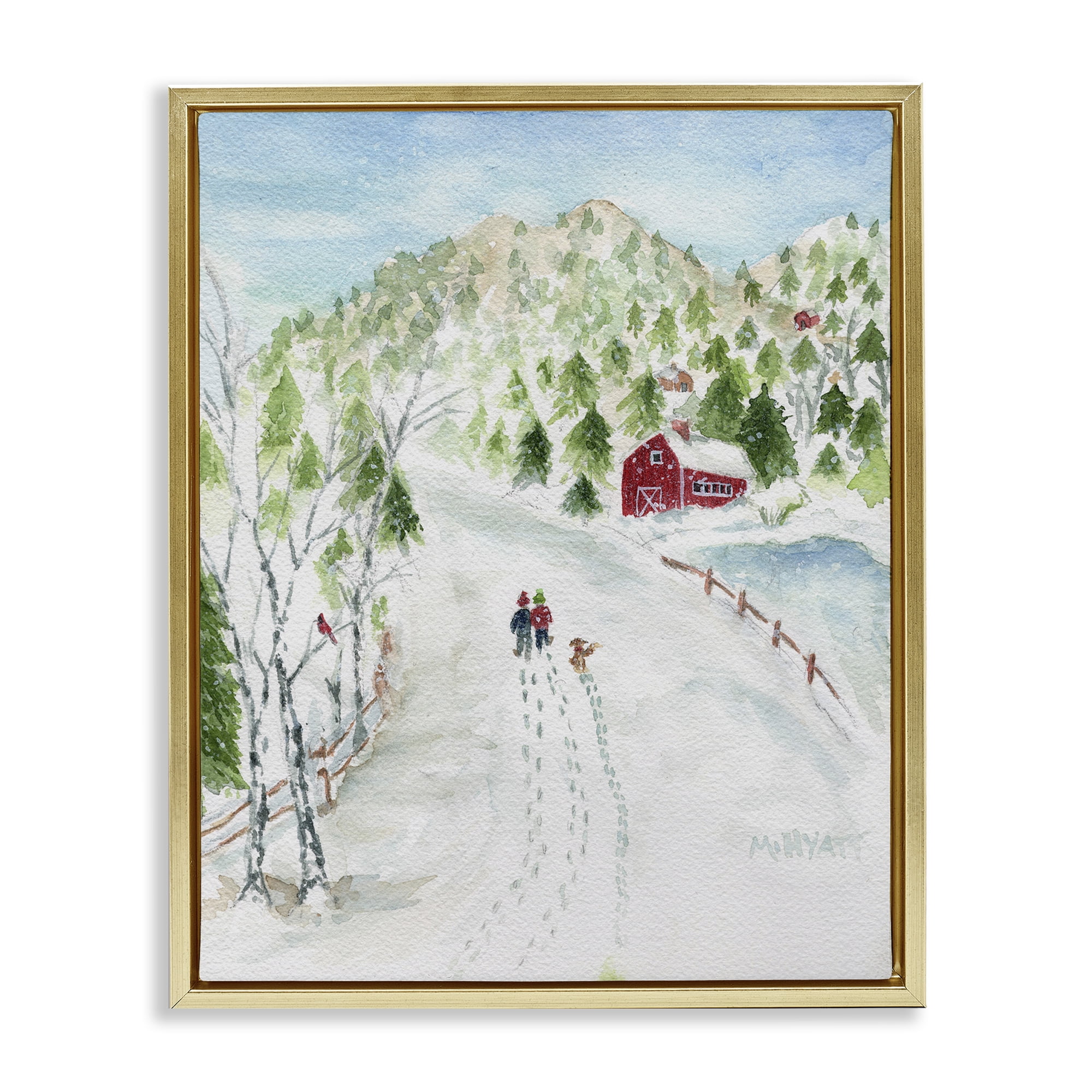 Stupell Industries Steps in Country Snow Holiday Painting Gold Floater Framed Art Print Wall Art, 25 x 31