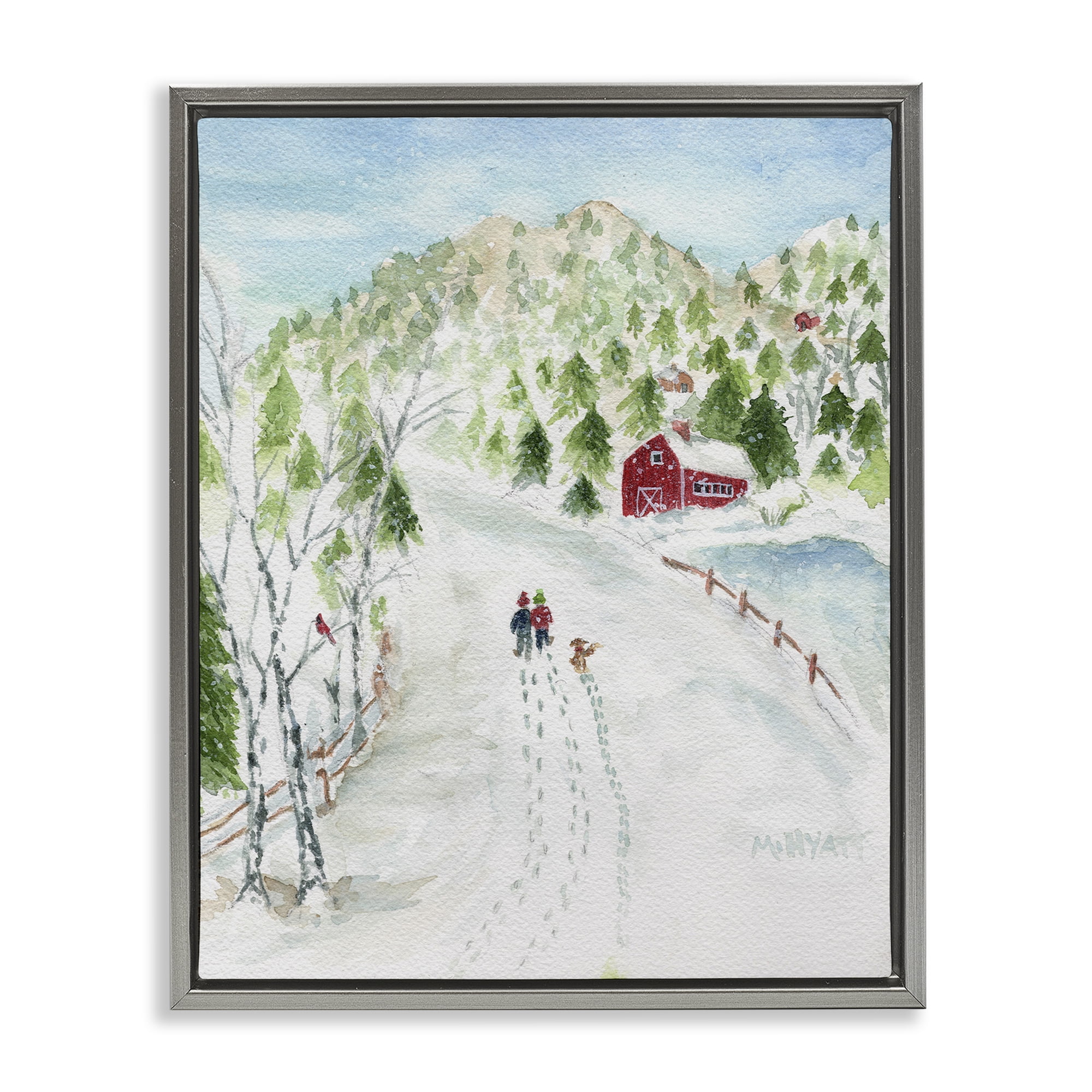 Stupell Industries Steps in Country Snow Holiday Painting Gray Floater Framed Art Print Wall Art, 17 x 21