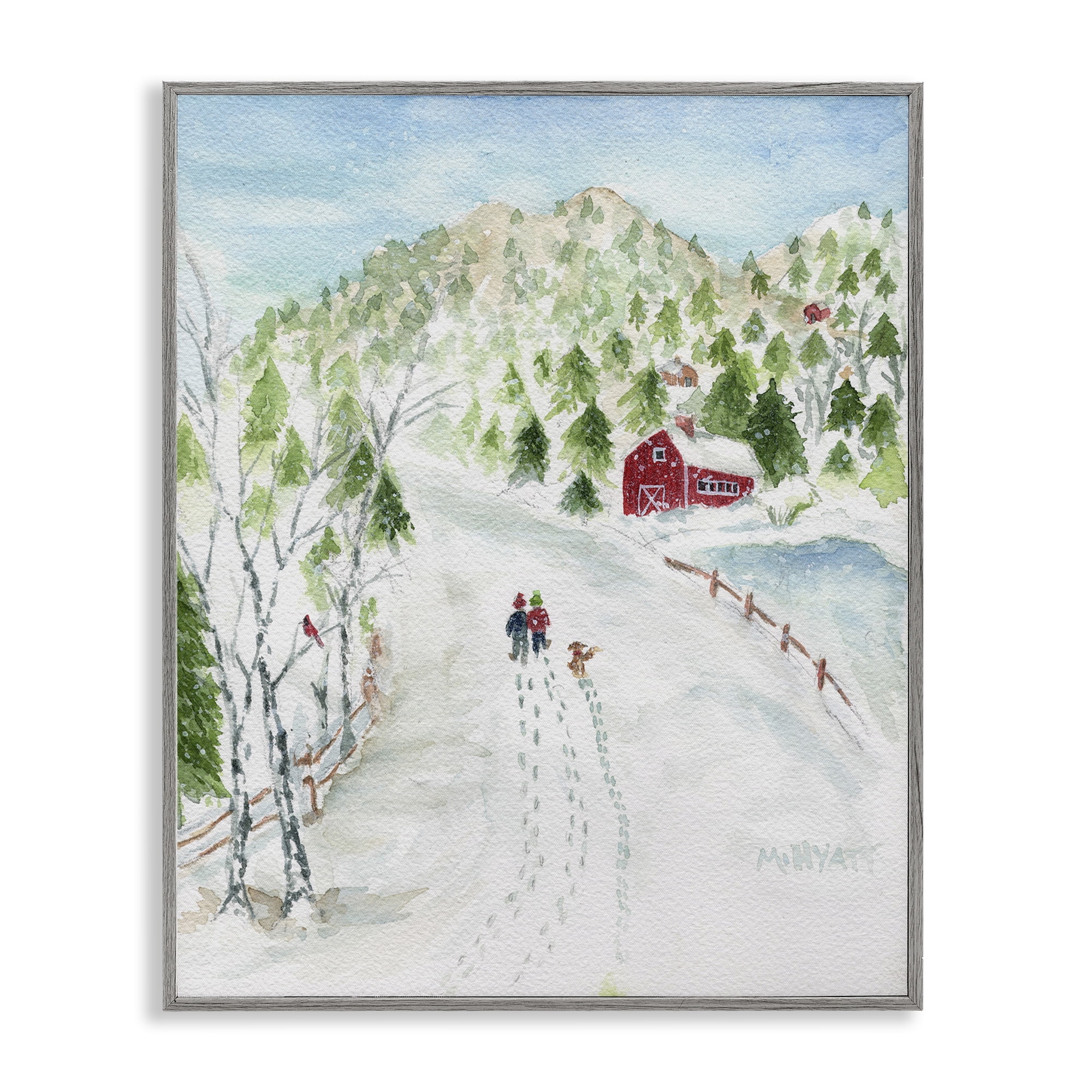 Stupell Industries Steps in Country Snow Holiday Painting Gray Framed Art Print Wall Art, 11 x 14