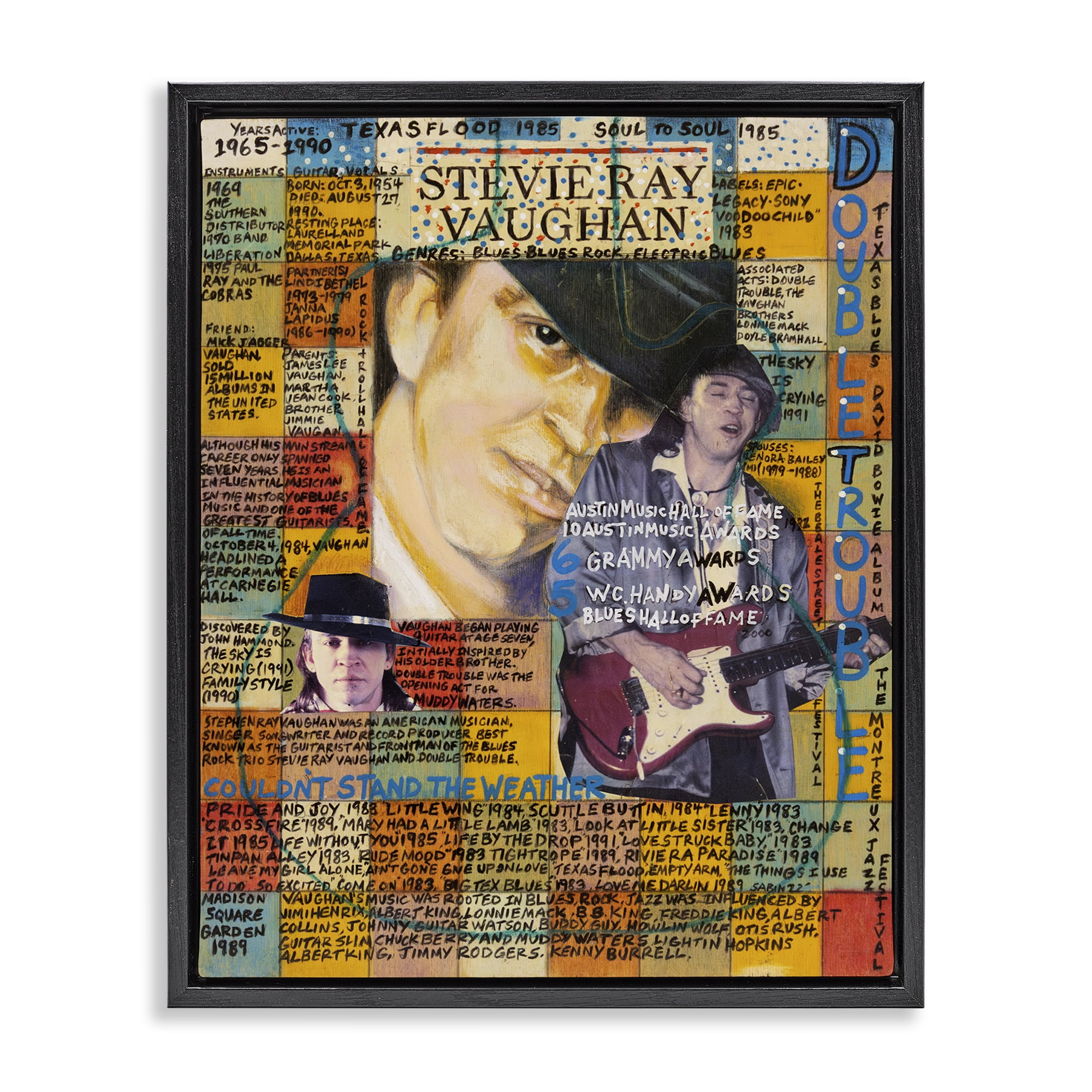 Stupell Industries Stevie Ray Vaughan Collage People Drawing Black Floater Framed Canvas Art Print Wall Art, 17 x 21