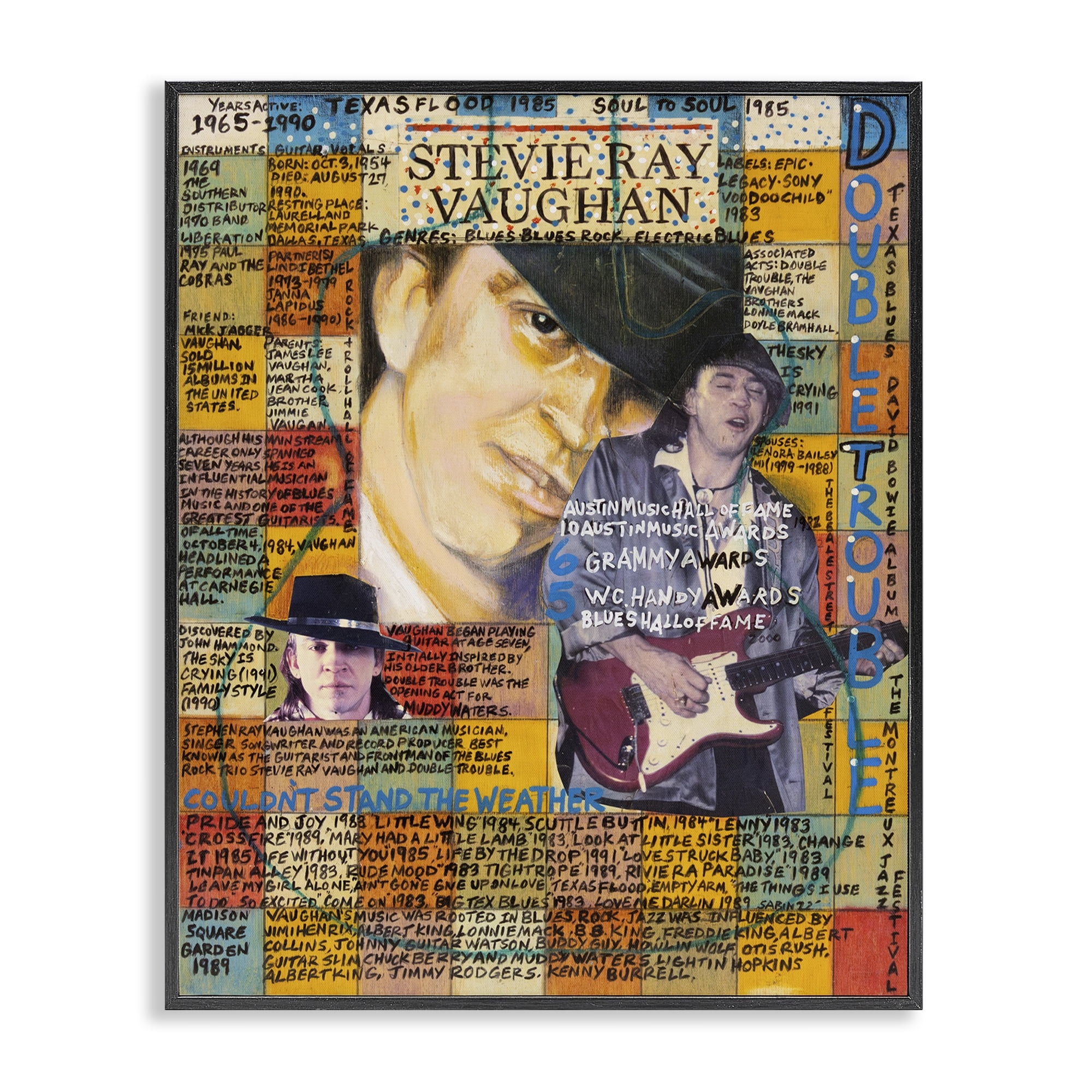 Stupell Industries Stevie Ray Vaughan Collage People Drawing Black Framed Art Print Wall Art, 24 x 30