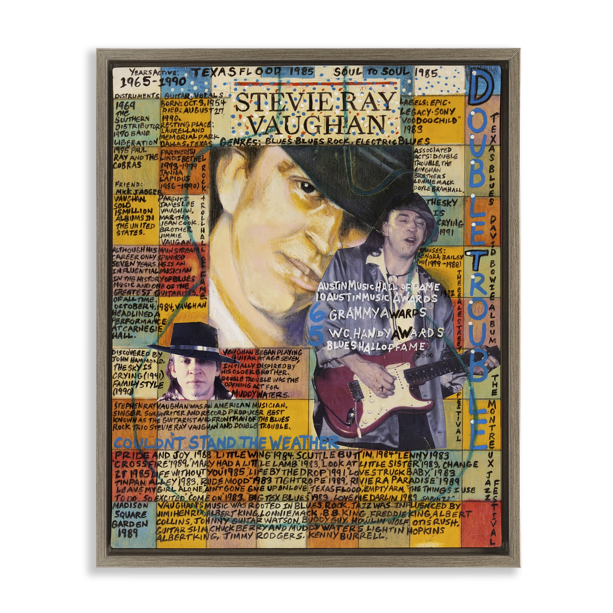 Stupell Industries Stevie Ray Vaughan Collage People Drawing Brown Floater Framed Canvas Art Print Wall Art, 17 x 21
