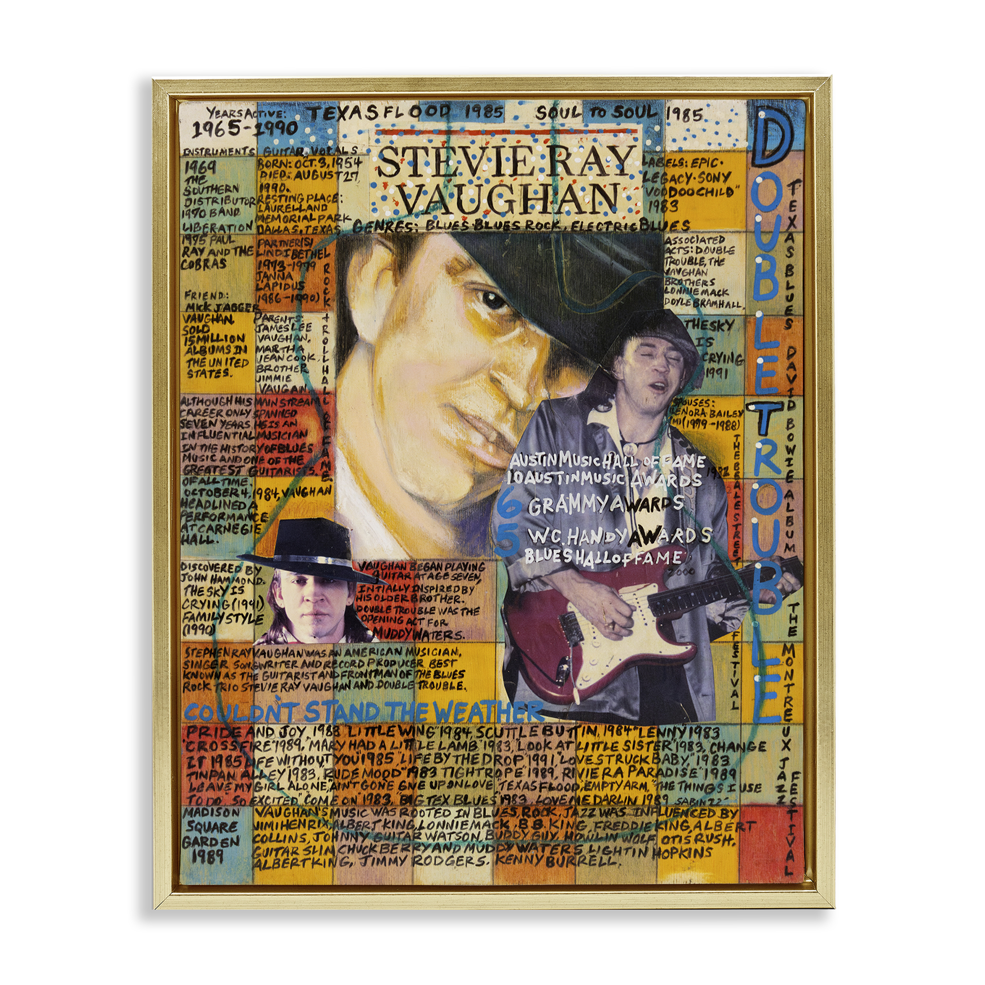 Stupell Industries Stevie Ray Vaughan Collage People Drawing Gold Floater Framed Canvas Art Print Wall Art, 25 x 31