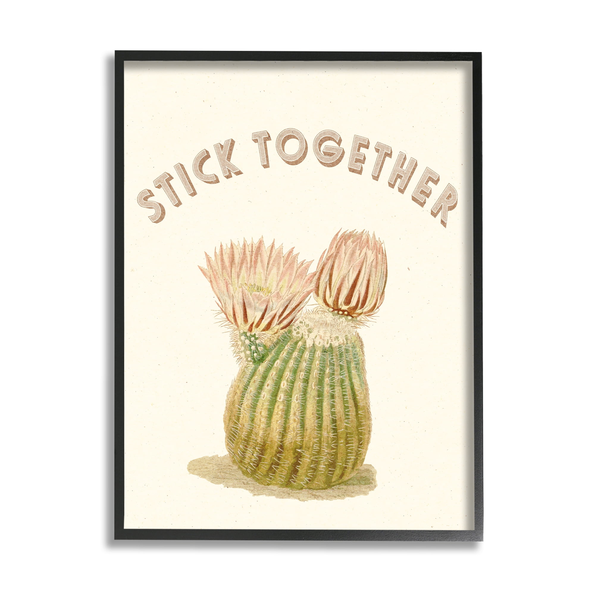 Stupell Industries Stick Together Retro Typography Floral Cactus Blooming Botanical & Floral Painting Black Framed Art Print Wall Art, 16 x 20