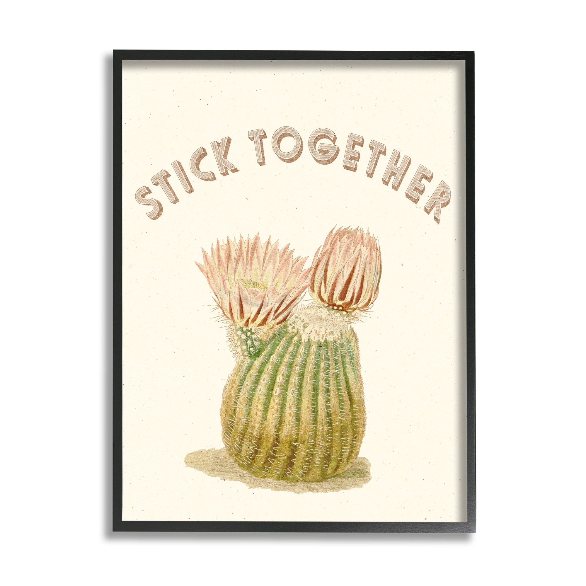 Stupell Industries Stick Together Retro Typography Floral Cactus Blooming Botanical & Floral Painting Black Framed Art Print Wall Art, 24 x 30