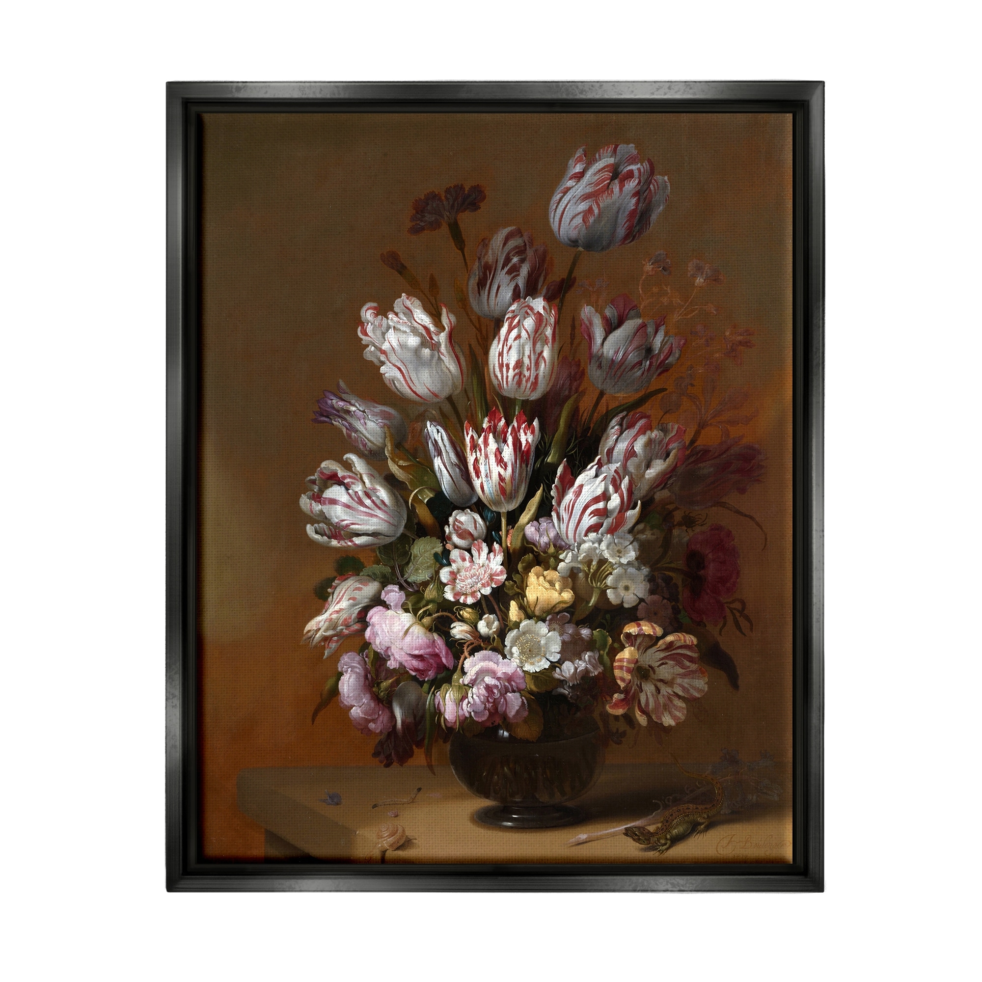 Stupell Industries Still Life with Flowers Traditional Hans Bollongier Paintings Painting Jet Black Floating Framed Canvas Print Wall Art, Design by one1000paintings