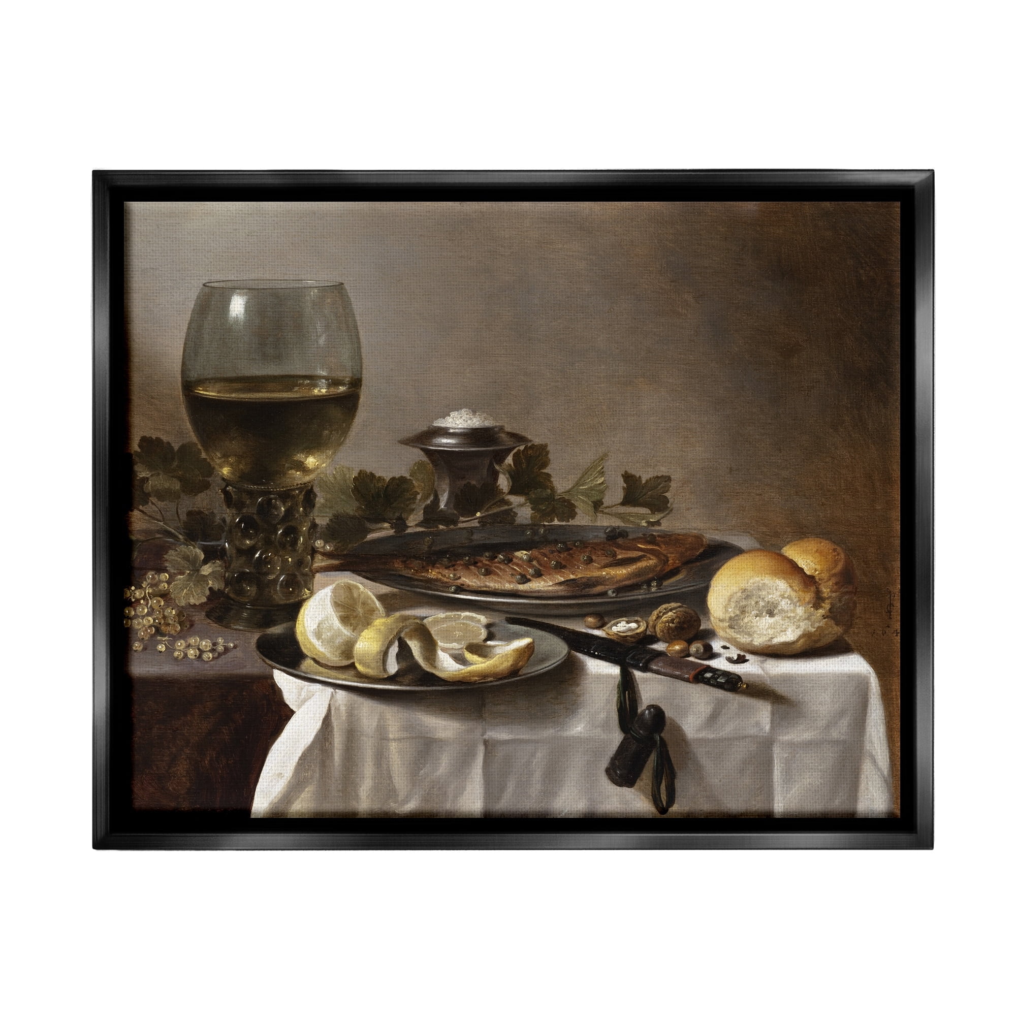 Stupell Industries Still Life with Herring Wine and Bread Pieter Claesz Painting Painting Jet Black Floating Framed Canvas Print Wall Art, Design by one1000paintings