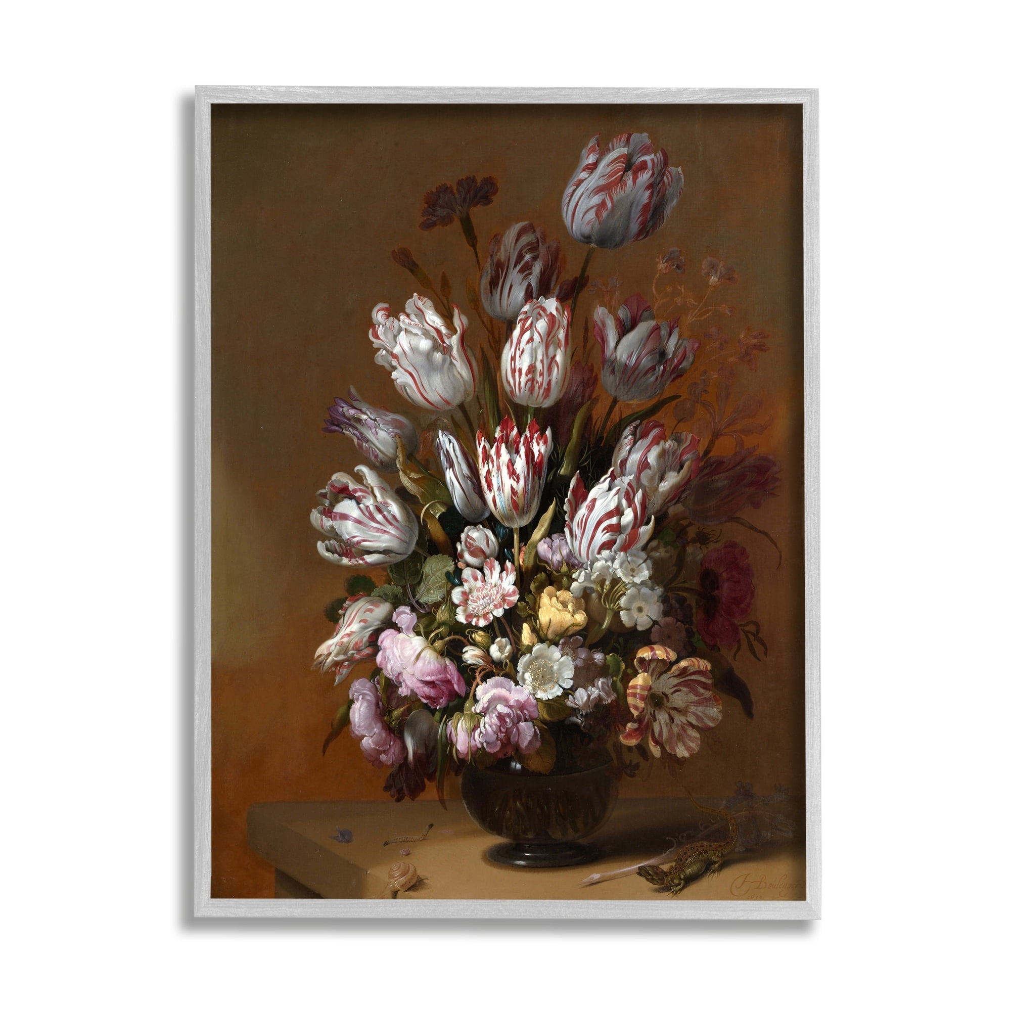 Stupell Industries Still Life with Flowers Traditional Hans Bollongier Paintings Painting Gray Framed Art Print Wall Art, Design by one1000paintings