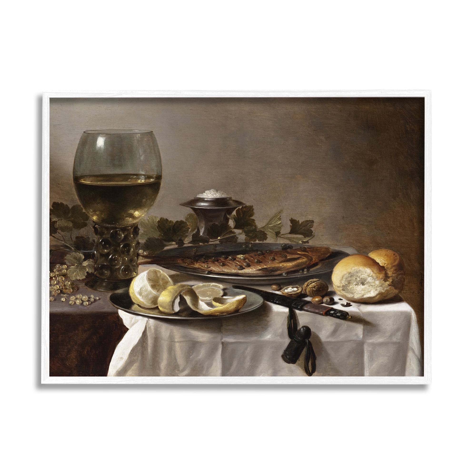 Stupell Industries Still Life with Herring Wine and Bread Pieter Claesz Painting Painting White Framed Art Print Wall Art, Design by one1000paintings