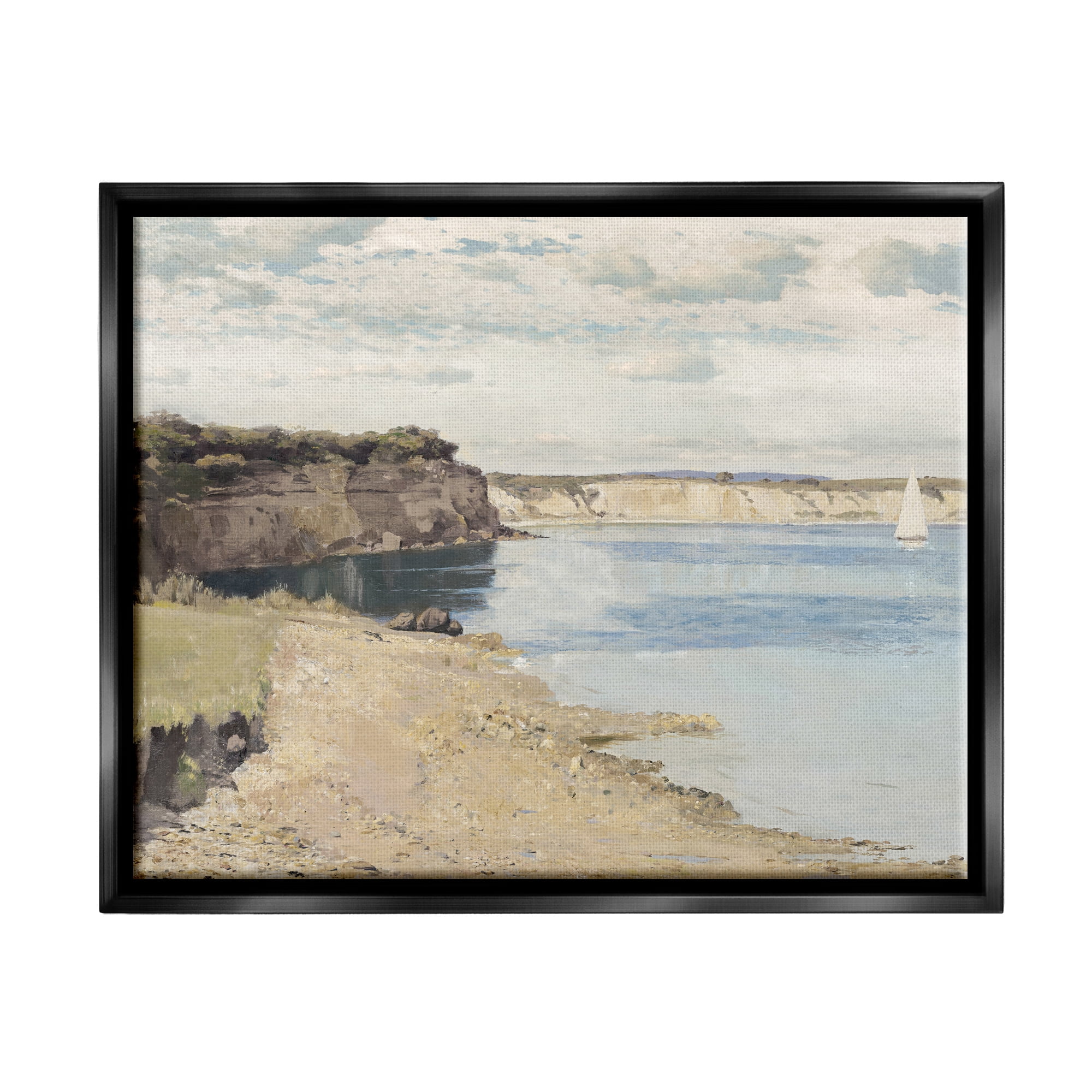 Stupell Industries Still Morning Oceanside Cliffs and a Sailboat Painting Jet Black Framed Floating Canvas Wall Art, 24x30, by Christy McKee