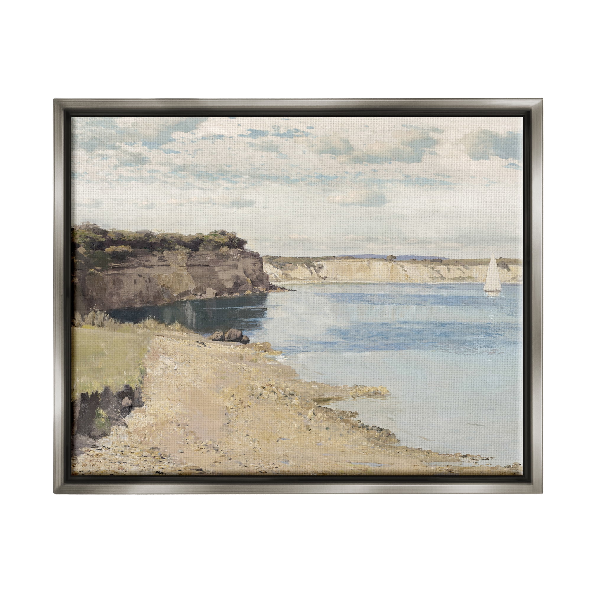 Stupell Industries Still Morning Oceanside Cliffs and a Sailboat Painting Luster Gray Framed Floating Canvas Wall Art, 24x30, by Christy McKee