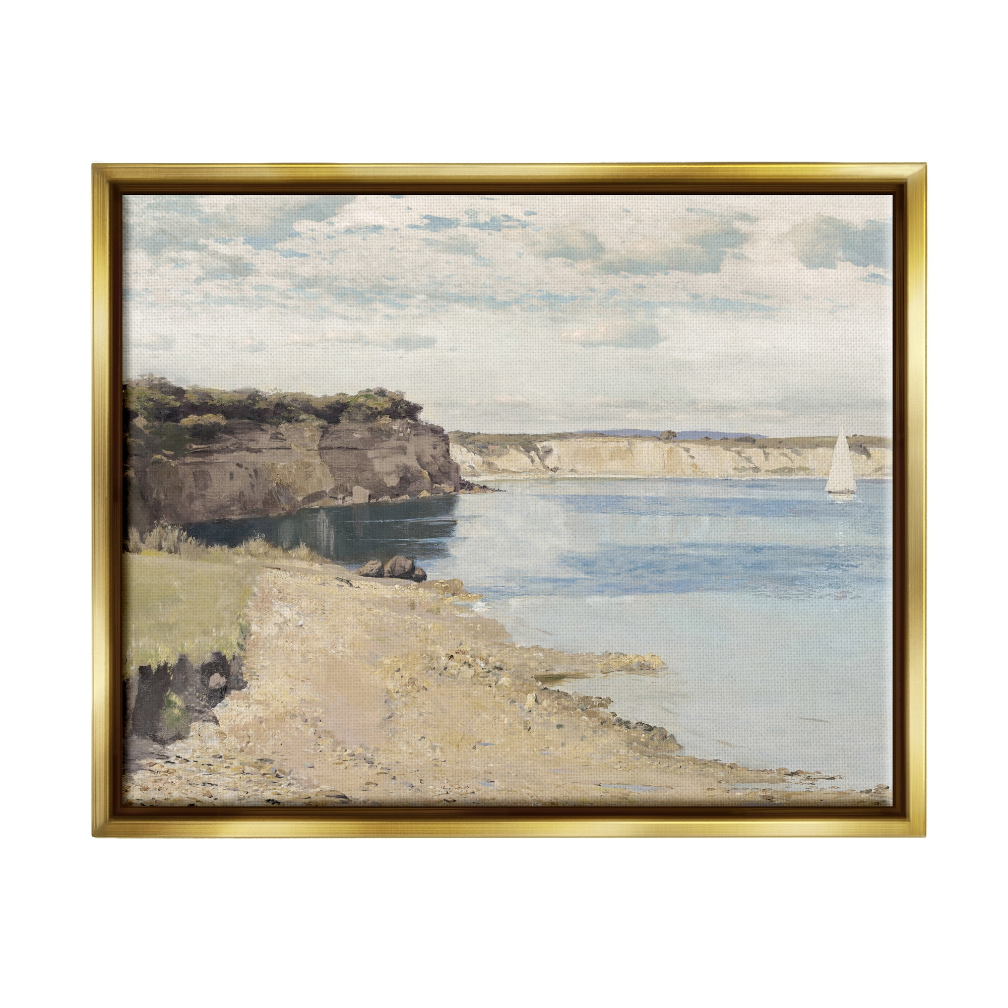 Stupell Industries Still Morning Oceanside Cliffs and a Sailboat Painting Metallic Gold Framed Floating Canvas Wall Art, 16x20, by Christy McKee