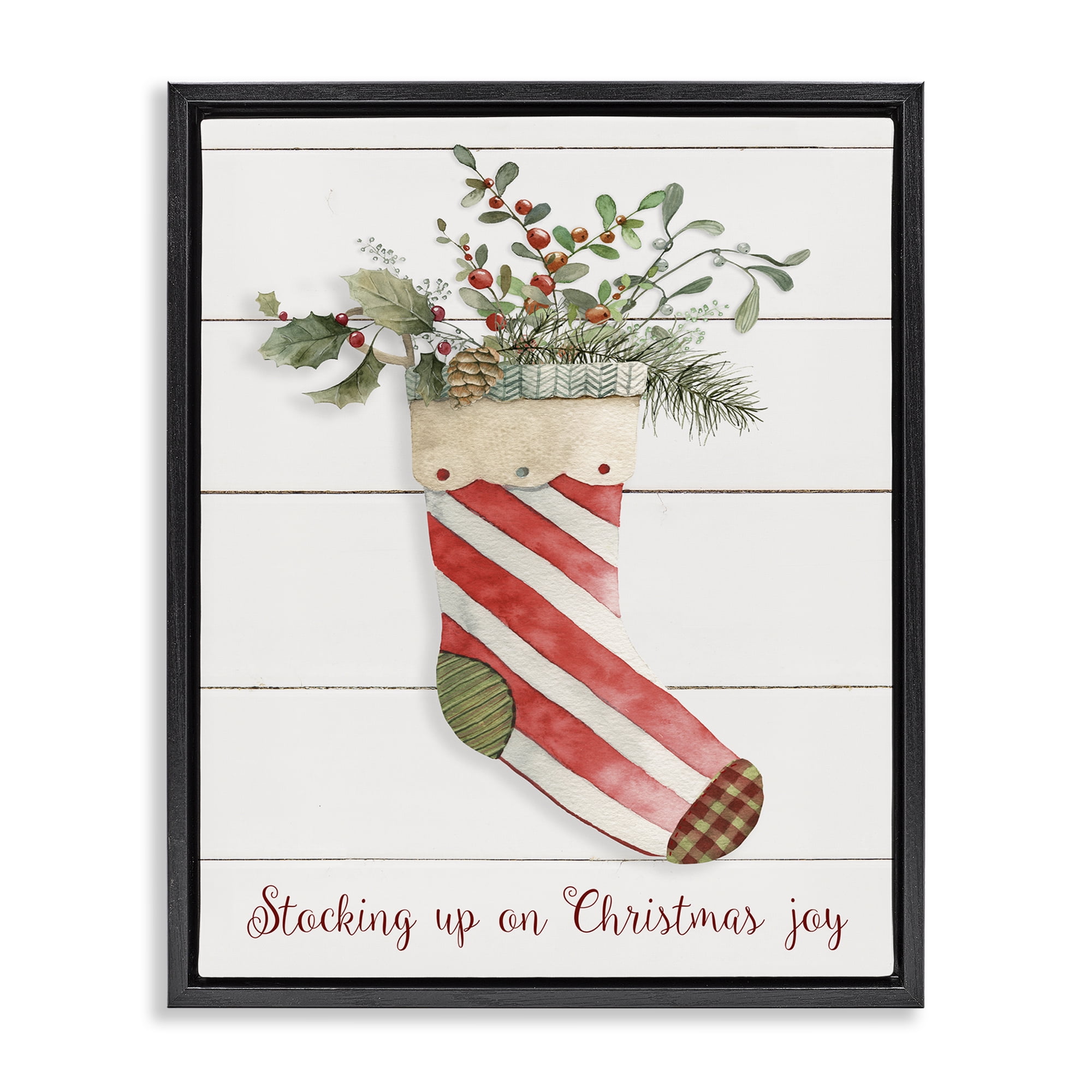 Stupell Industries Stocking Up On Christmas Holiday Painting Black Floater Framed Canvas Art Prints Wall Art, 25 x 31