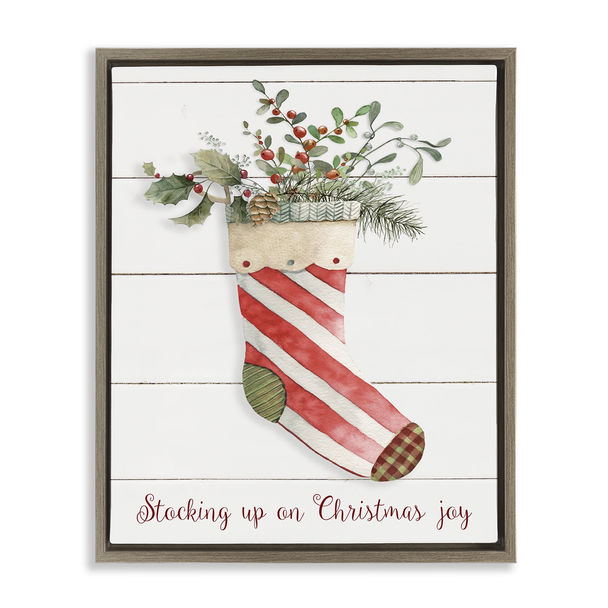 Stupell Industries Stocking Up On Christmas Holiday Painting Brown Floater Framed Canvas Art Prints Wall Art, 25 x 31