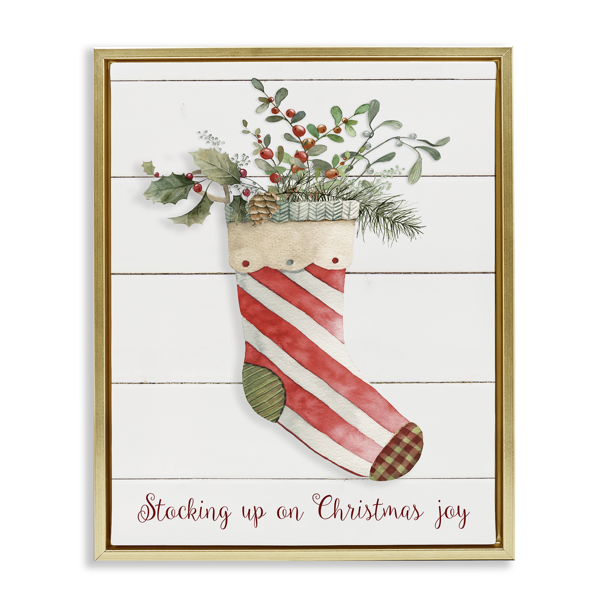 Stupell Industries Stocking Up On Christmas Holiday Painting Gold Floater Framed Canvas Art Prints Wall Art, 17 x 21