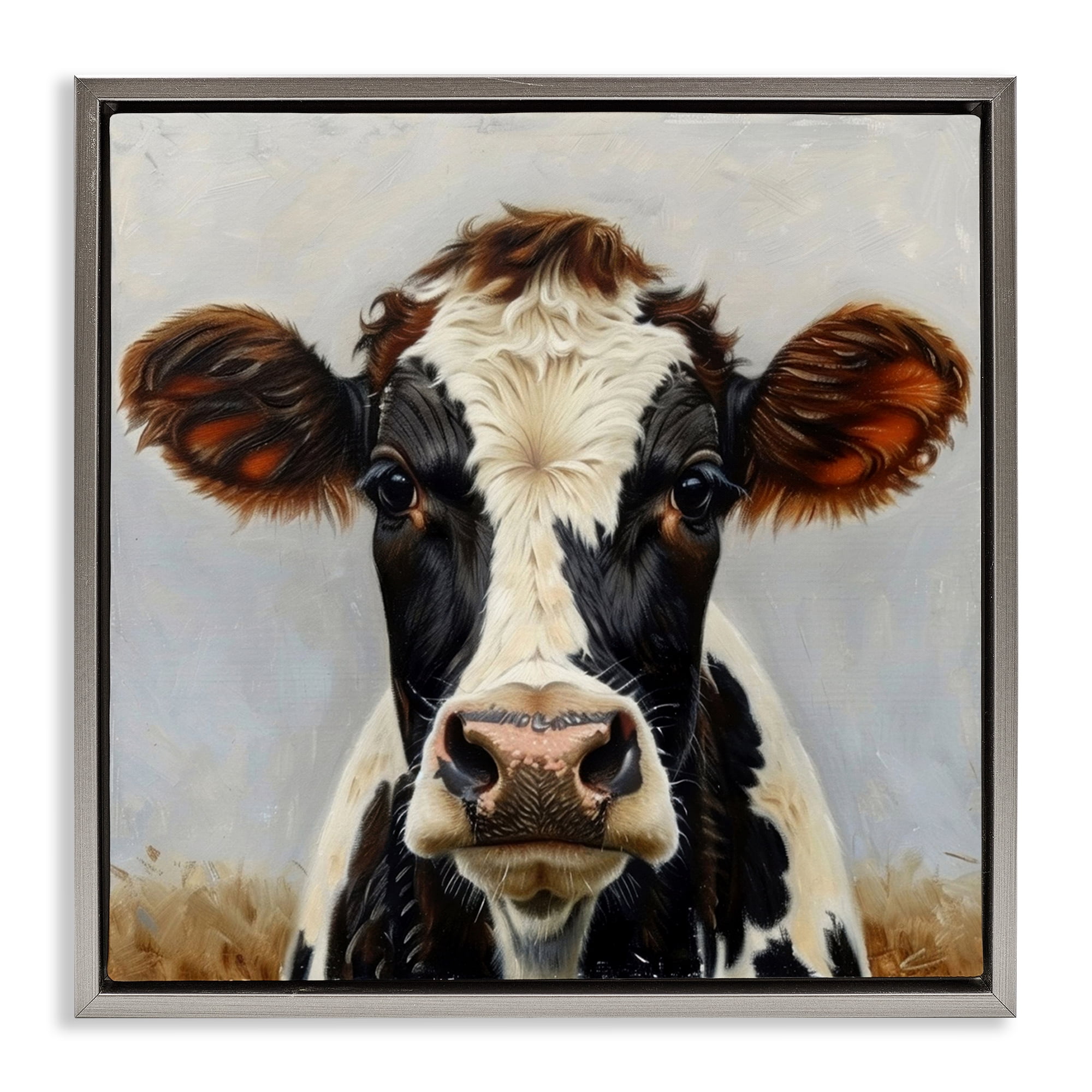 Stupell Industries Stoic Cow Gaze Portrait Animals Painting Gray Floater Framed Canvas Art Print Wall Art, 18 x 18
