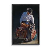 Stupell Industries Stoic Cowboy & Saddle Novelty Painting Black Floater Framed Canvas Art Print Wall Art, 17 x 25