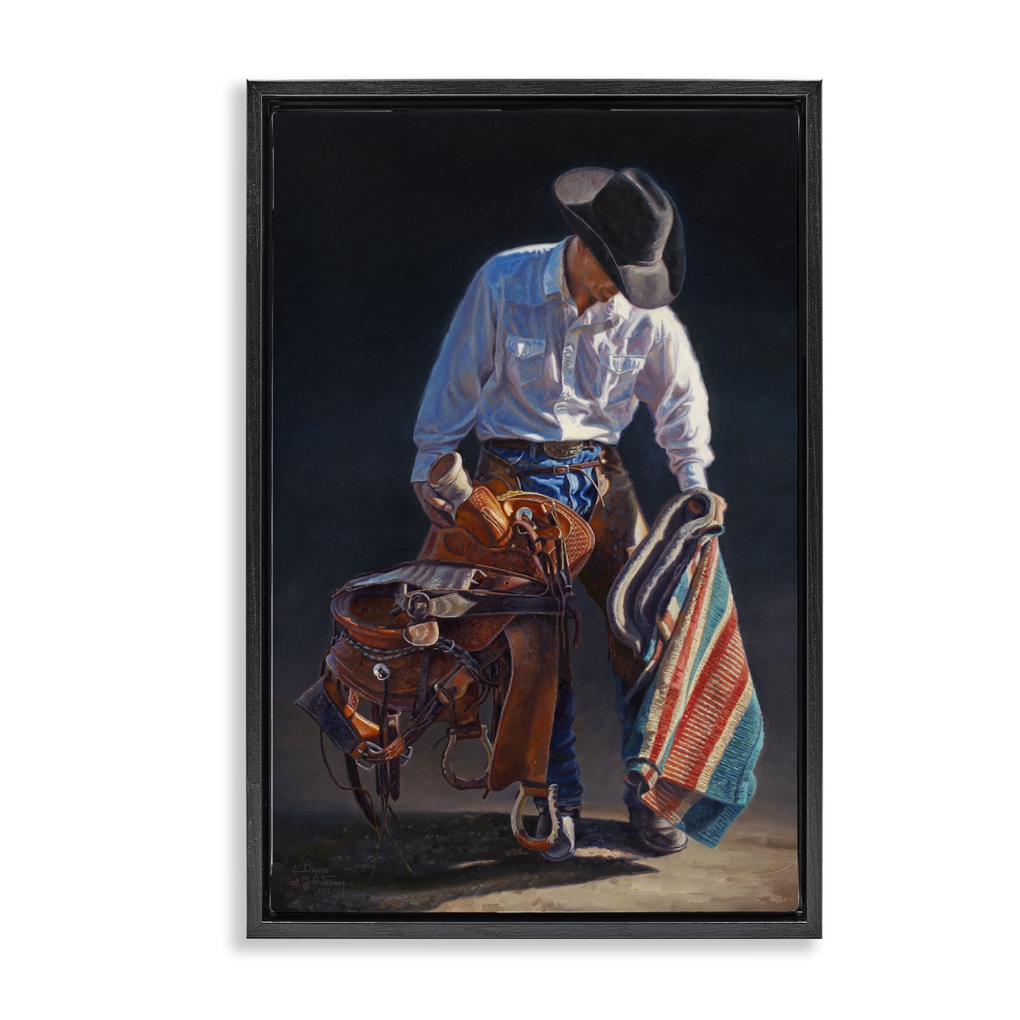 Stupell Industries Stoic Cowboy & Saddle Novelty Painting Black Floater Framed Canvas Art Print Wall Art, 21 x 31