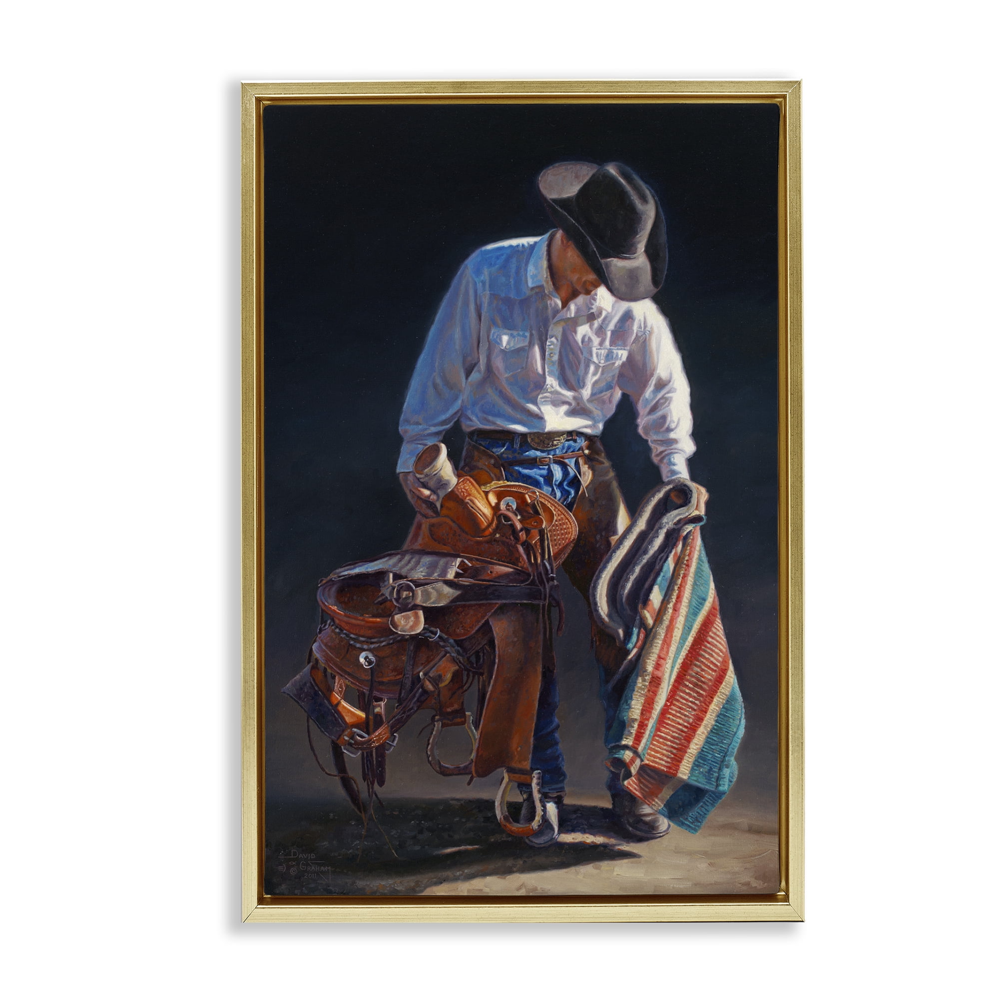 Stupell Industries Stoic Cowboy & Saddle Novelty Painting Gold Floater Framed Canvas Art Print Wall Art, 17 x 25