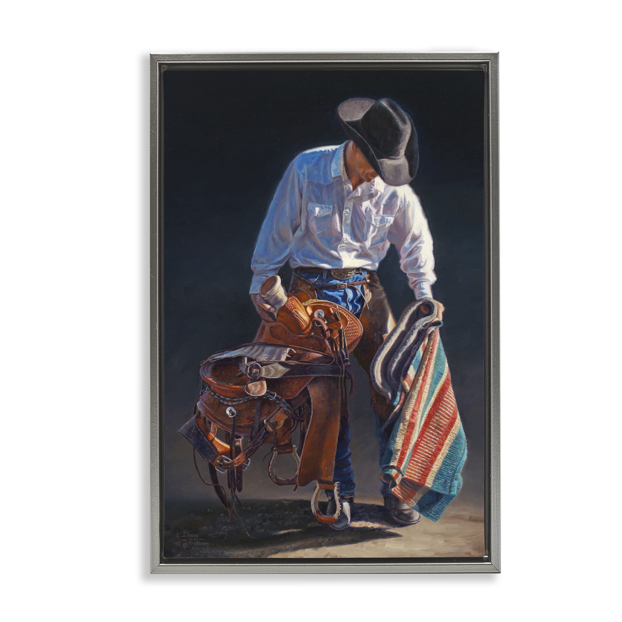 Stupell Industries Stoic Cowboy & Saddle Novelty Painting Gray Floater Framed Canvas Art Print Wall Art, 21 x 31