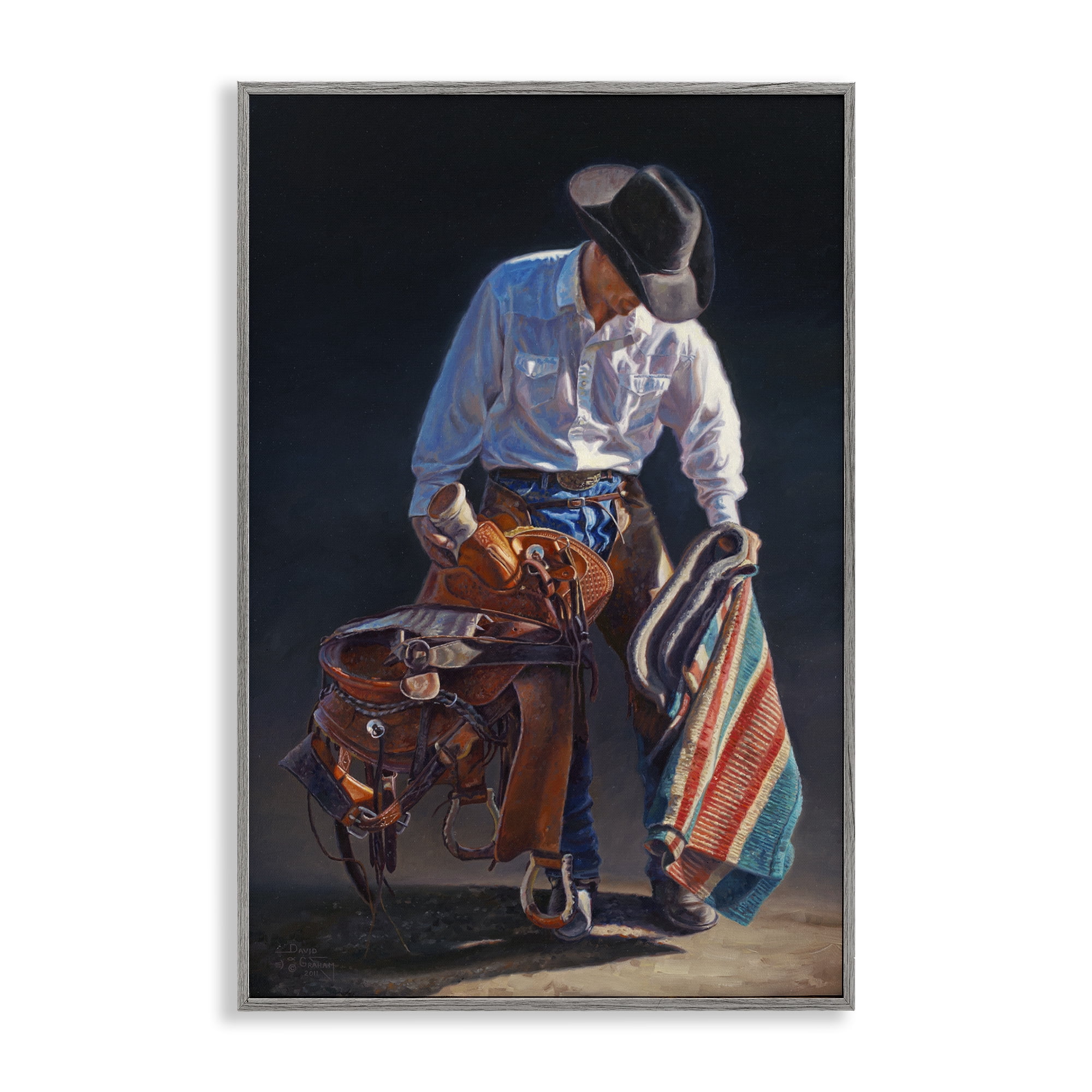 Stupell Industries Stoic Cowboy & Saddle Novelty Painting Gray Framed Art Print Wall Art, 12 x 18