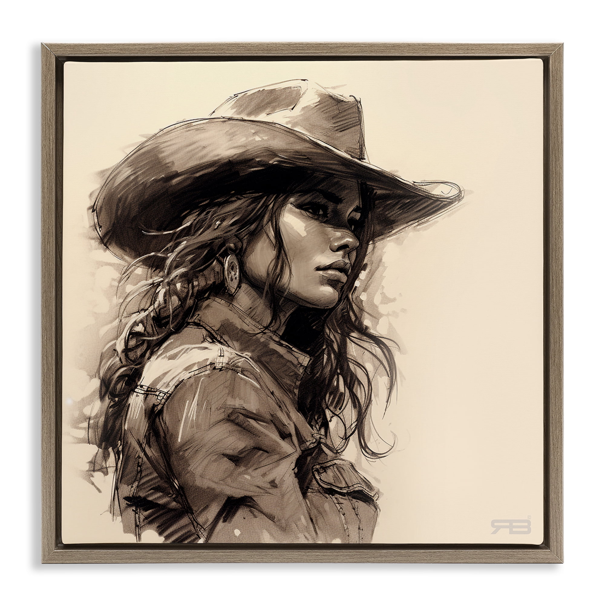 Stupell Industries Stoic Cowgirl Looking Away People Painting Brown Floater Framed Canvas Art Print Wall Art, 18 x 18